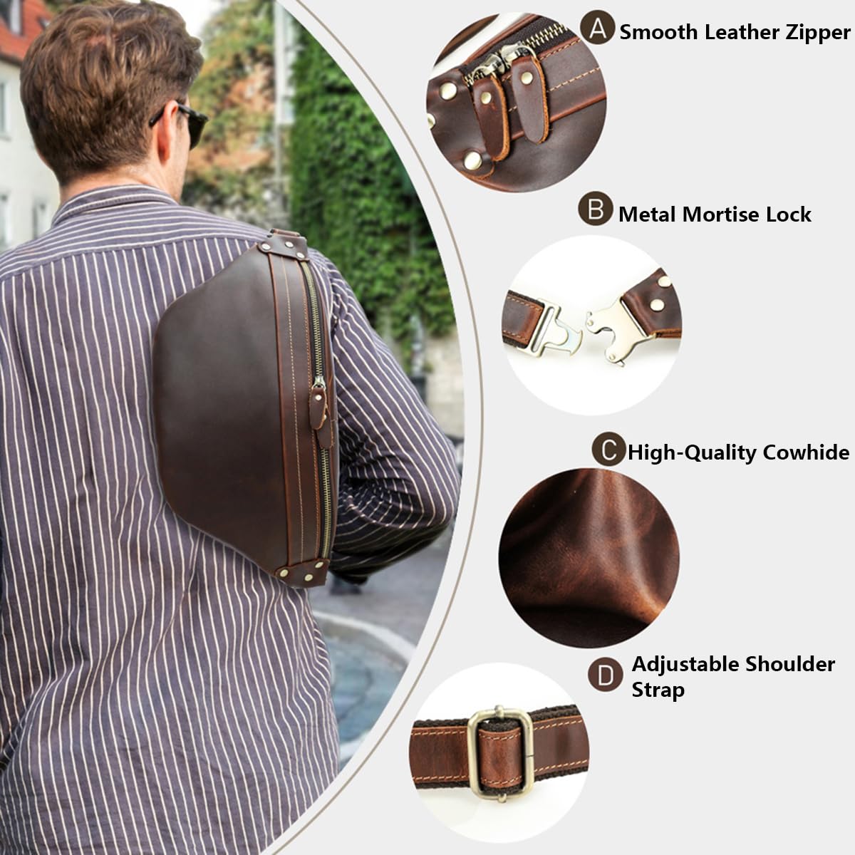 Skórzana saszetka biodrowa dla mężczyzn, wielofunkcyjna torba na ramię Crossbody, casualowa podróżna plecak Sling Bag z wieloma kieszeniami, do uprawiania sportu, jazdy na rowerze, kawowy