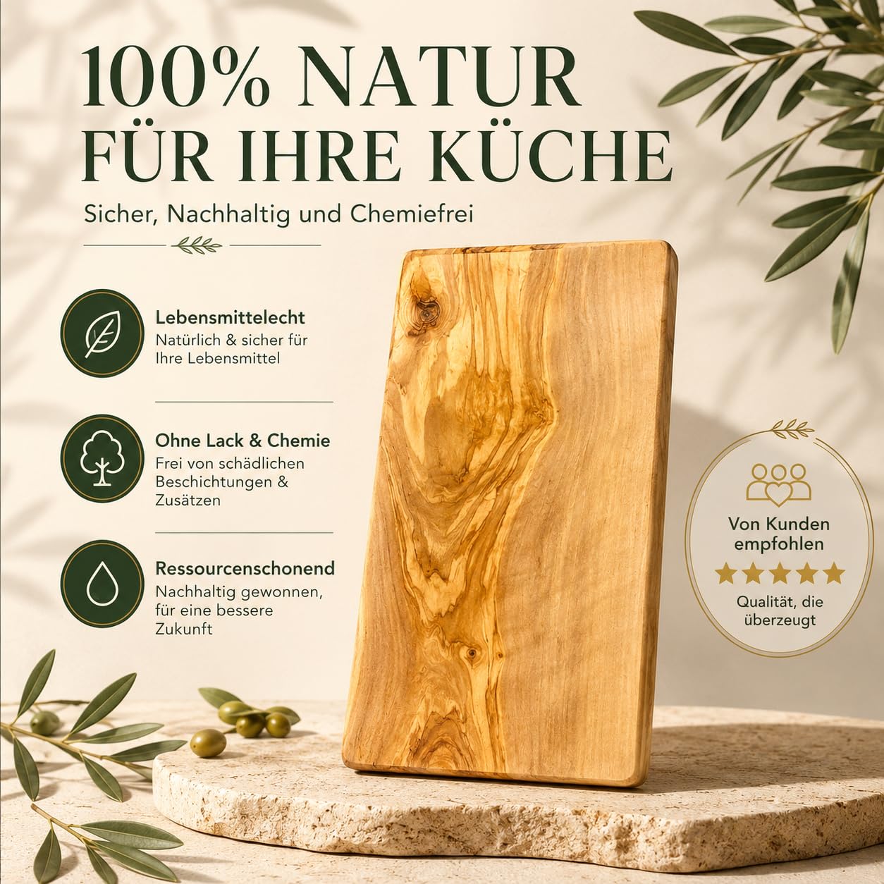Schneidebrett personalisiert, Olivenholz - Rechteckiges Holzbrett mit Gravur (30 x 15 cm)