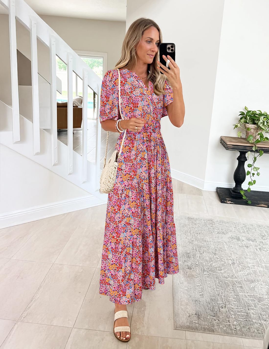 ZESICA Women's 2026 Summer Spring Floral Boho Maxi Dresses Casual Short Sleeve V Neck A Line Flowy Beach Vacation Dress - Image 5
