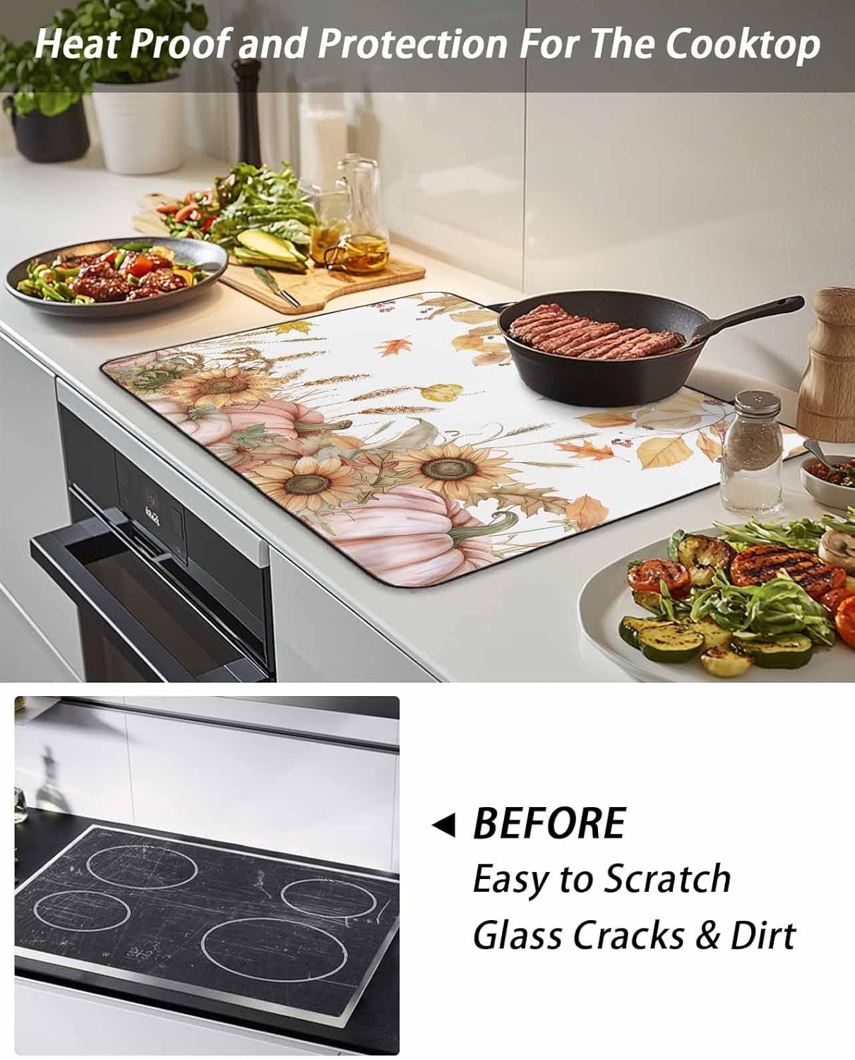Stove Top Cover for Electric Stove Fall Thanksgiving Watercolor Pink Pumpkins Sunflowers Leaves 31" x 24" Heat Resistance Electric Stove Cover Glass Stove Top Protector Washer/Counter Protector