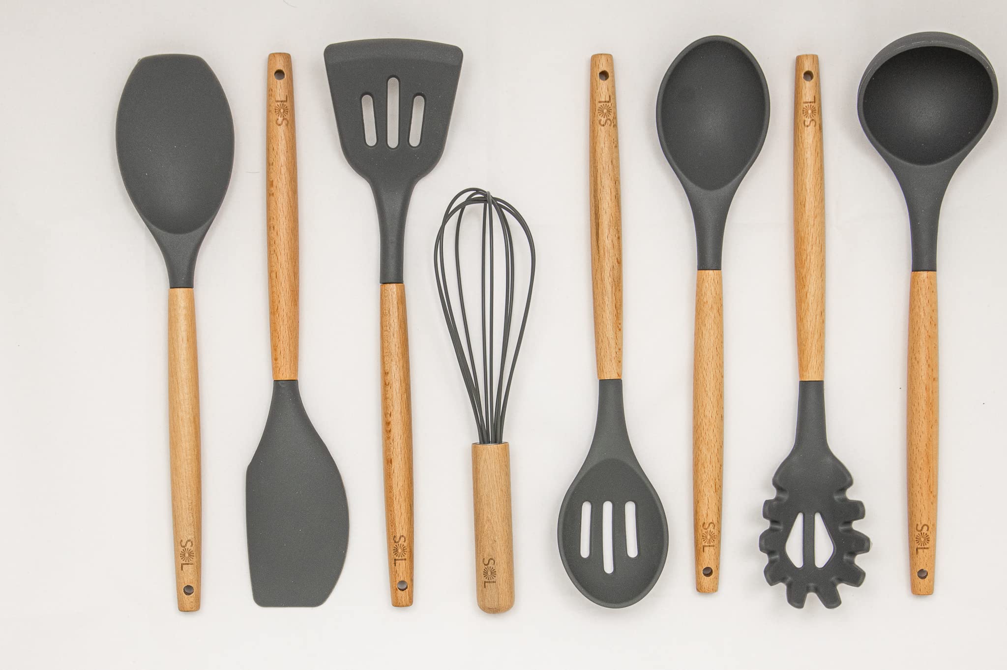 SOL -Utensil Holder for Kitchen Set Silicone Cooking Utensils with Wooden Handle 8pcs Set - Serving Spoon, Slotted Spoon, Mixer, Whisk, Spatula Set - Kitchen Utensil set (Grey)