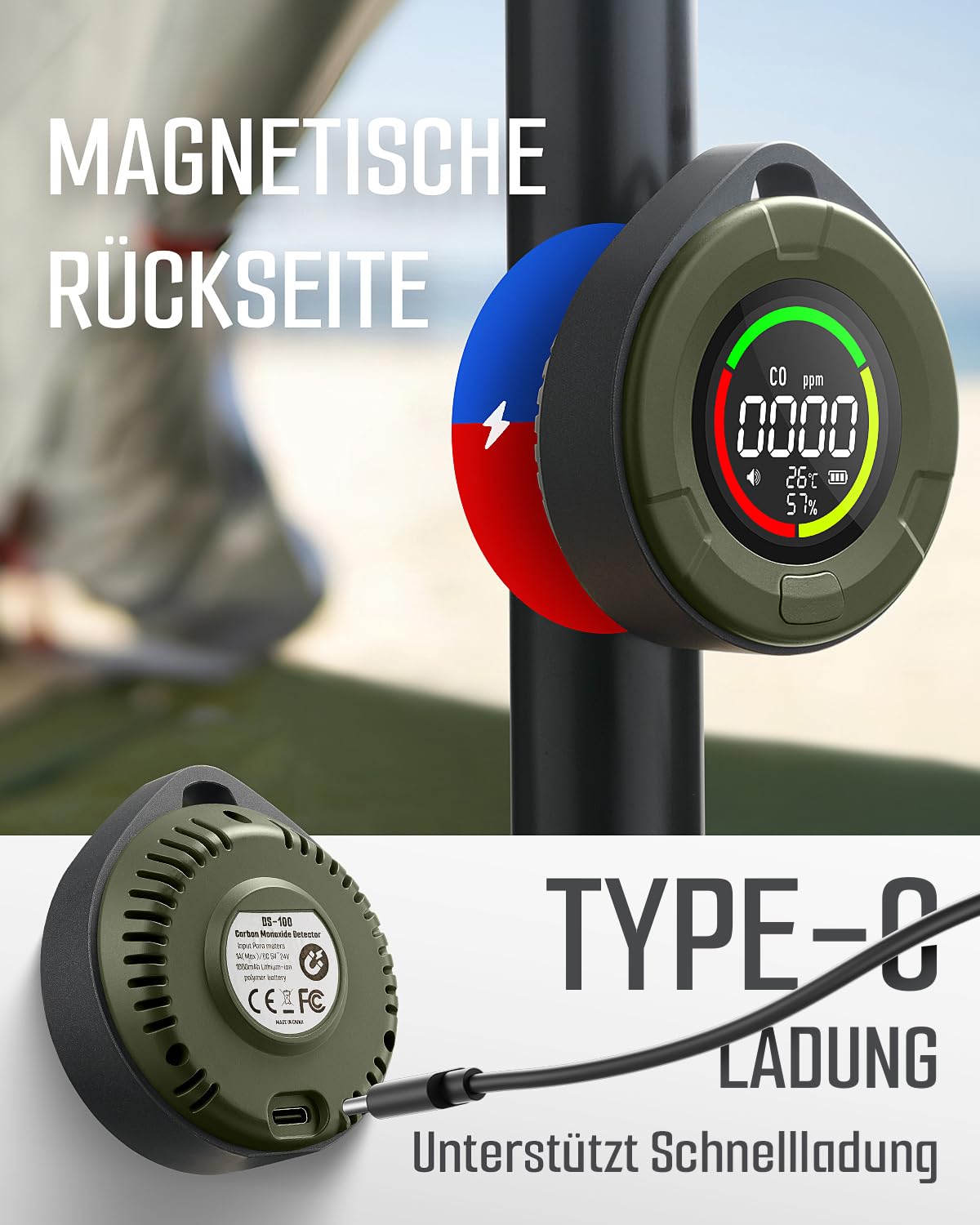 GasDoc DS-100 Tragbarer Kohlenmonoxid-Detektor, 3-in-1 CO-Detektor für Reisen & Camping, Wiederaufladbares CO-Messgerät mit akustischem & visuellem Alarm, CO-Alarm für Zuhause & Auto - Dunkelwald