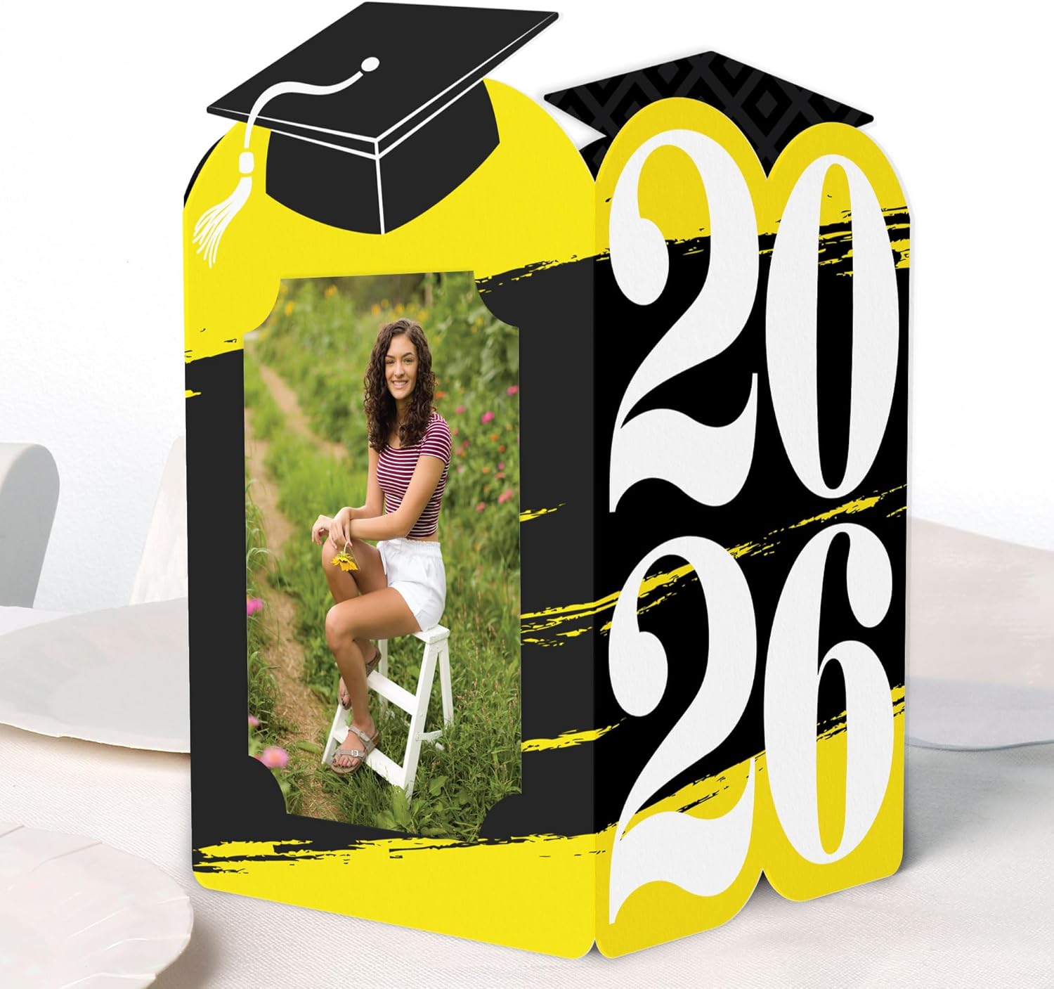 Big Dot of Happiness Yellow 2026 Graduation Photo Holder Centerpieces, 4x6 Picture Display Box, Table Decoration Centerpiece for Yellow Grad Party Decor, 8 Count