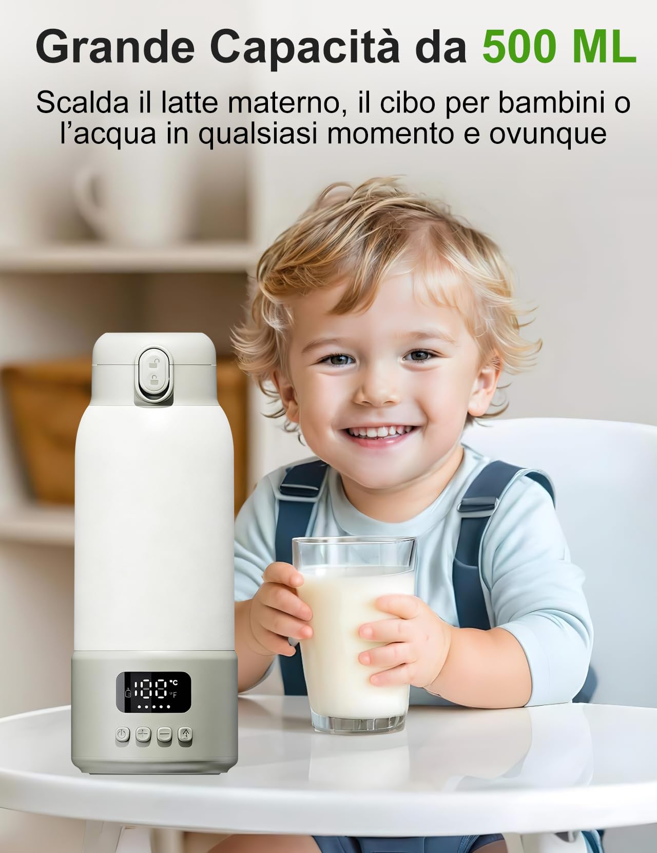 Scaldabiberon Portatile per Bambini da Viaggio, Scaldabiberon da 500 ml 35-70 °C Riscaldamento Rapido Latte Materno e Acqua, Controllo Preciso Della Temperatura per Viaggi, Auto e Attività All'aperto