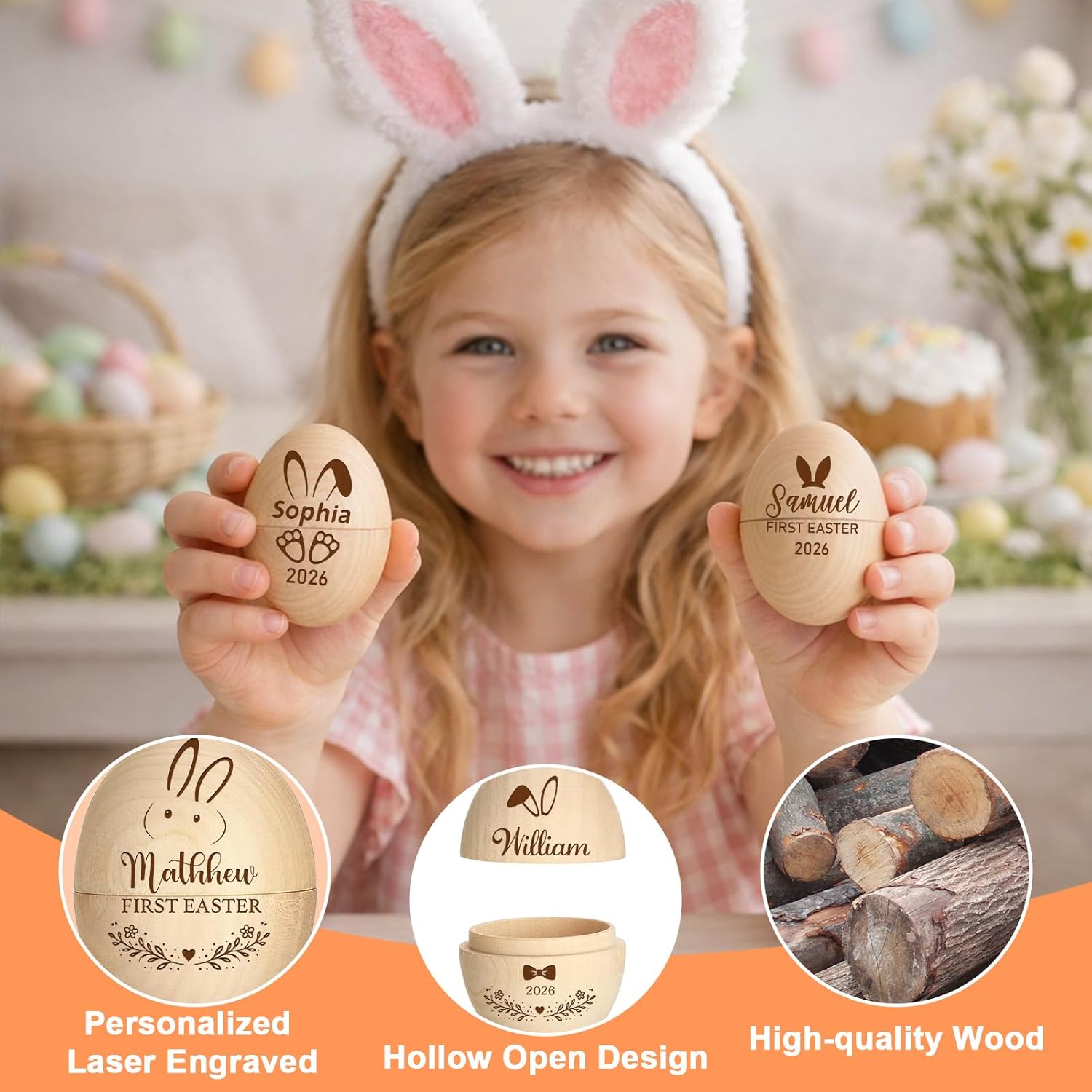 Personalized Fillable Easter Eggs Custom Bunny Rabbit Pattern Wooden Easter Egg with Name Baby's First Easter Gifts Basket Stuffer for Boys Girls Home Decor