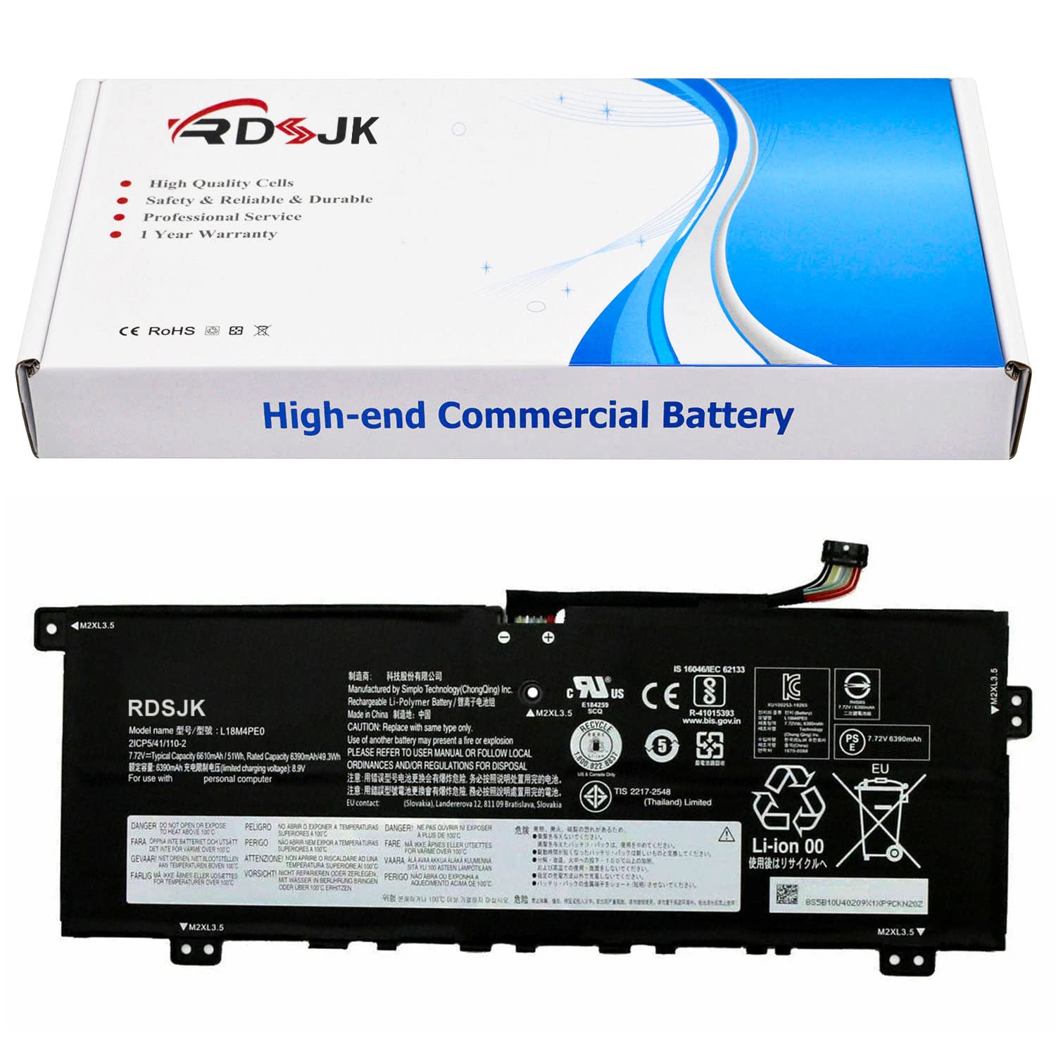 RDSJKL18M4PE0 L18L4PE0 Laptop Battery for Lenovo Yoga C740-14 C740-14IML Series 5B10W67296 5B10U40209 SB10W67235 5B10W67185 5B10U40210 SB10W67368 2ICP5/41/110-2 51Wh