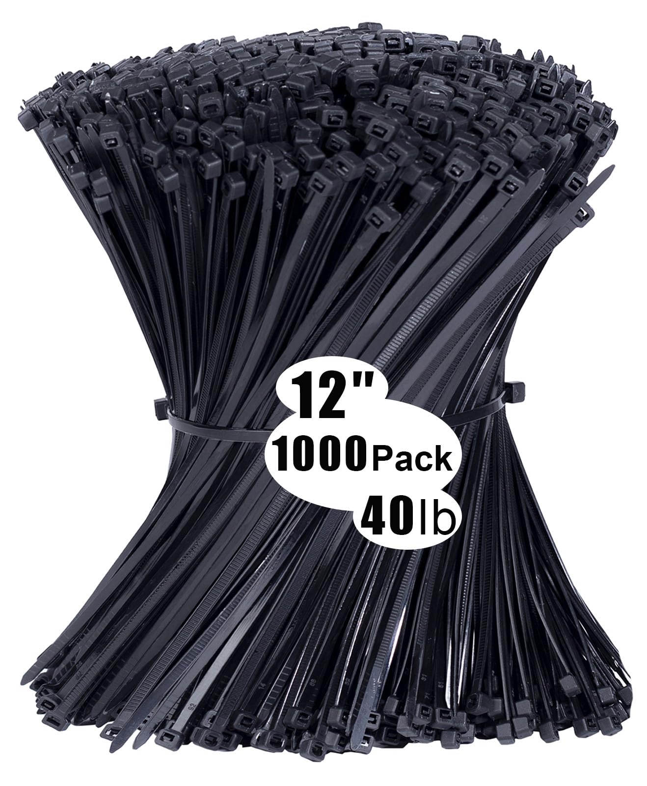 Cable Ties 1000 Pack,12 inch Zip Ties Black, 300 x 3.6mm Nylon Ties 40lb Tensile Strength with UV Resistant