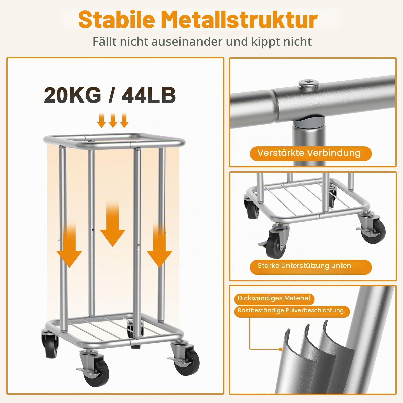 Hodonas Wäschekorb mit Rollen, 115 l, rollender Wäschekorb, großer Wäschekorb mit Stahlrahmen und abnehmbarer Tasche, Schlafzimmer, Badezimmer, Schlafsaal, Waschküche, Organisationskörbe, Beige