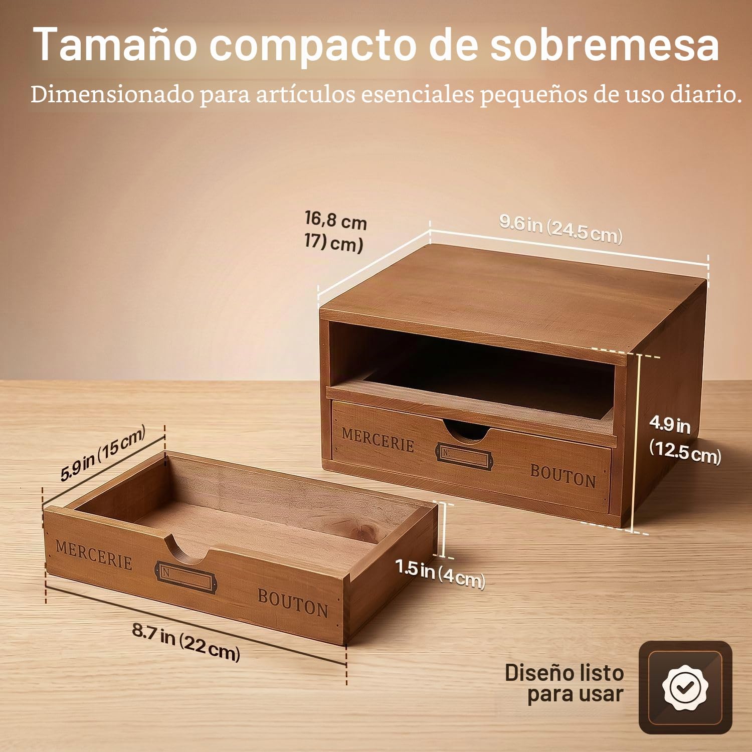 Flexzion Organizador de suministros de oficina de escritorio de madera con 2 cajones de almacenamiento, gabinete de mesa de madera de 2 niveles, caja de accesorios de escritorio para encimera, para el