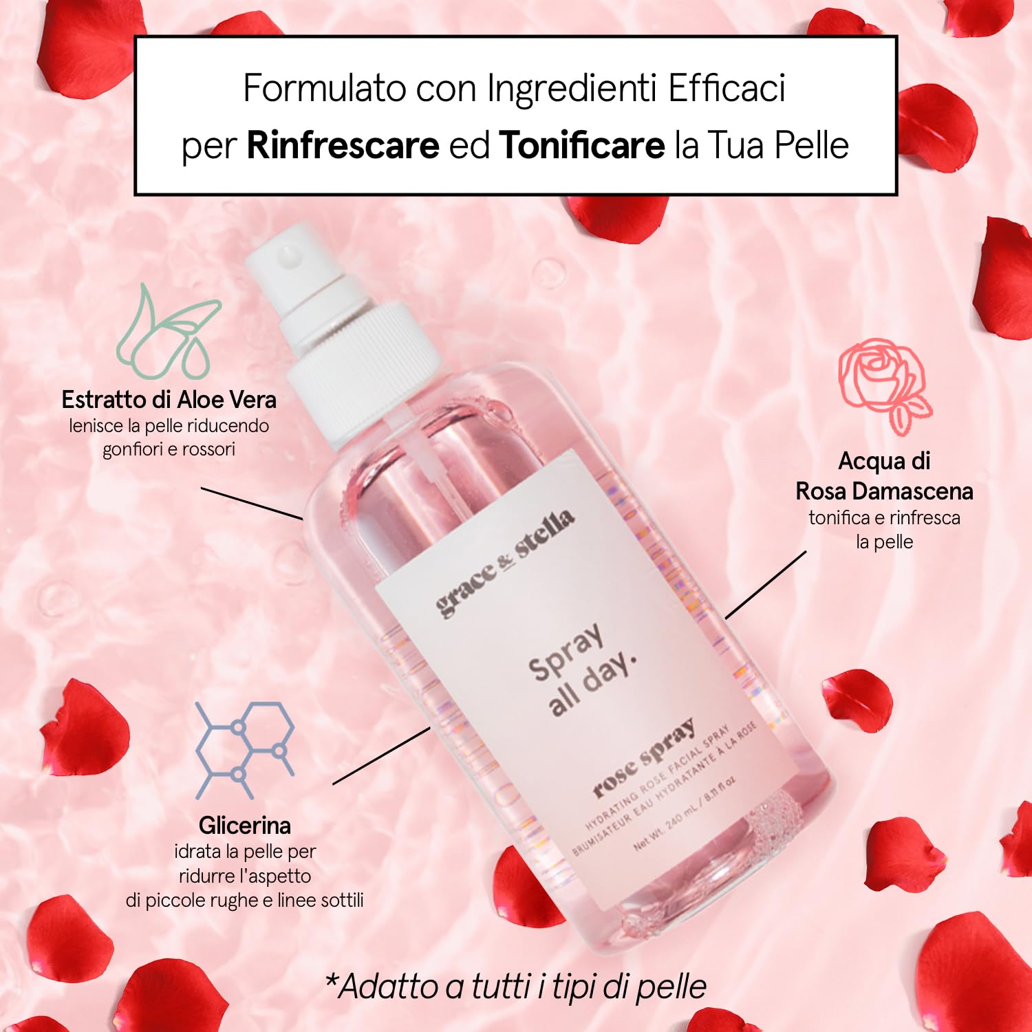 Acqua di Rose Tonico Viso in Spray (240 ml) – Acqua Distillata alle con Acido Ialuronico, Tonico Rinfrescante Ideale per Tutti i Tipi di Pelle – Riduce i Rossori ed Eccesso di Sebo