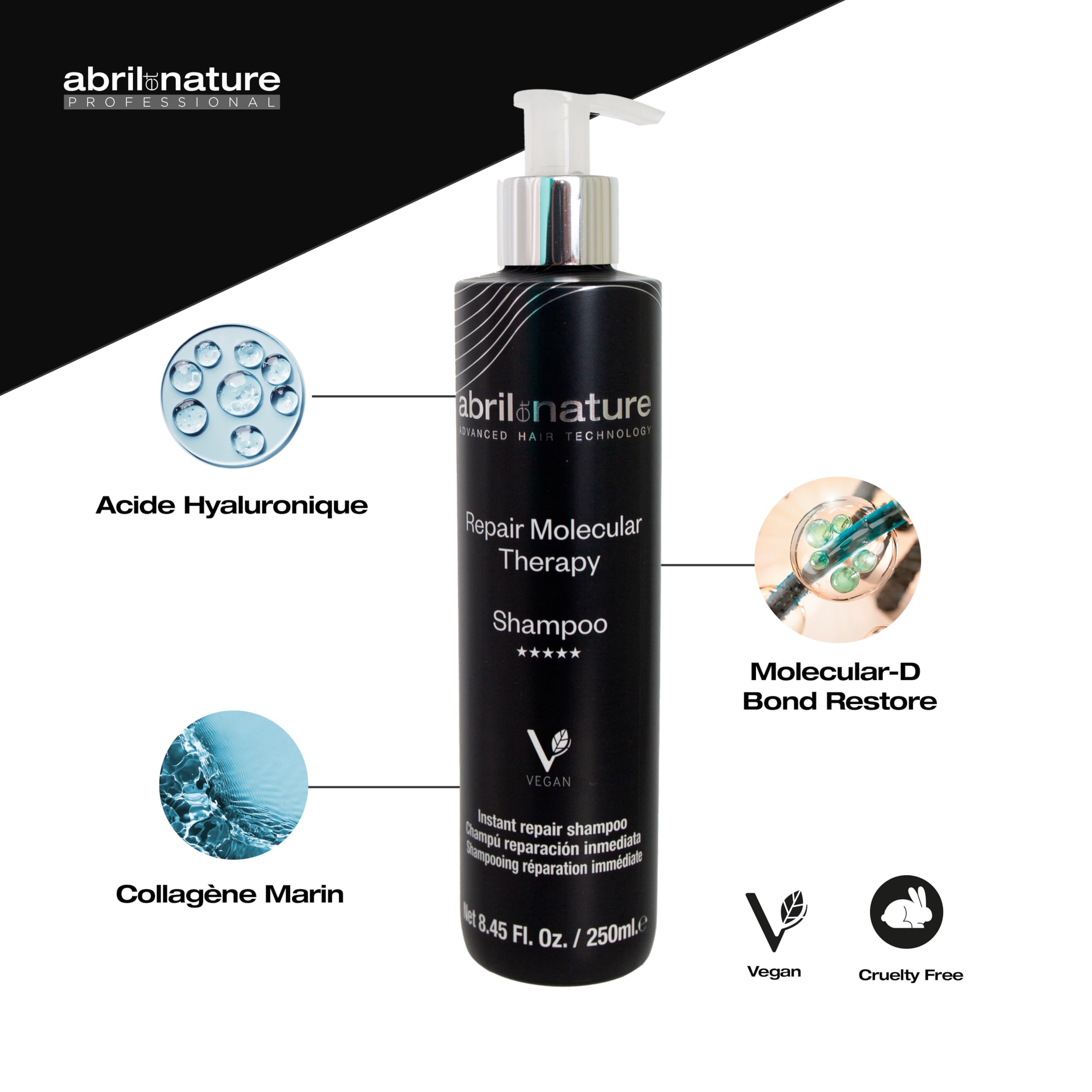 abril et nature - Shampooing Professionnel Molecular Therapy - Pour Cheveux Extrêmement Abîmés, Surtraités ou Vieillissants - Restructure, Répare et Restaure - Cheveux Sains et Résistants - 1000 ml