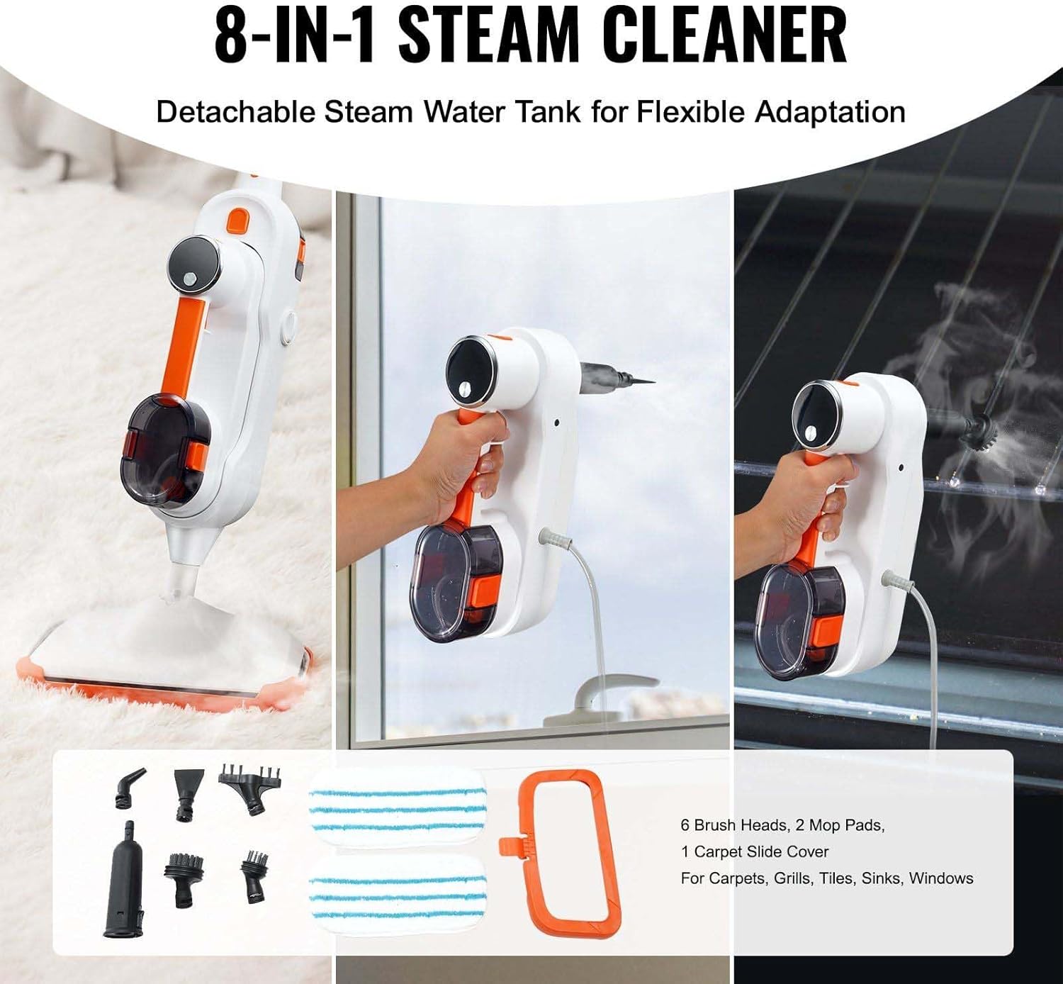 Steam Mop, 8-in-1 Hard Wood Floor Cleaner with 7 Replaceable Brush Heads, for Various Hard Floors, Like Ceramic, Granite, Marble, Linoleum, Natural Floor Mop with 2 pcs Machine Washable Pads
