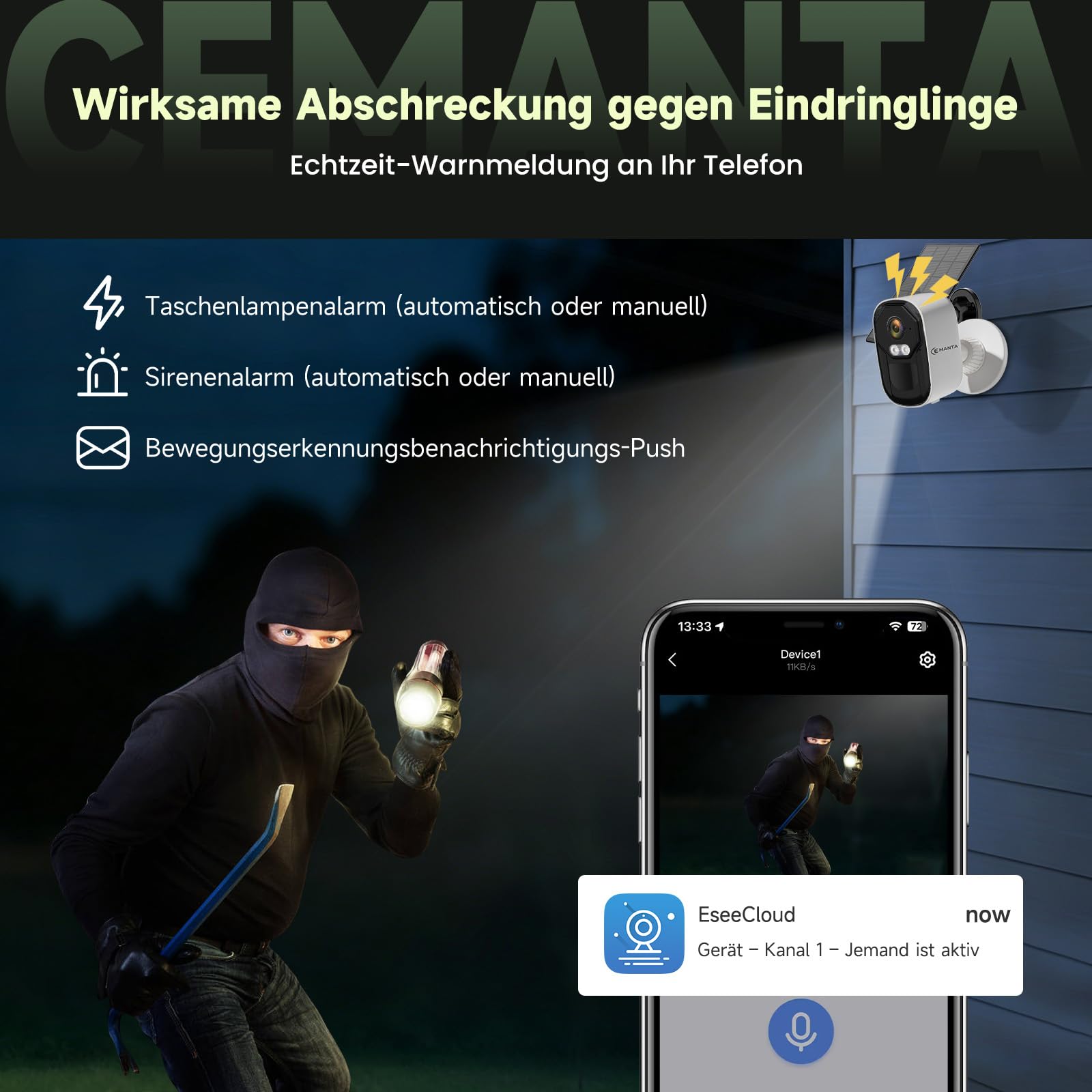 4MP Überwachungskamera Aussen Solar mit Akku 5GHz/2,4GHz WLAN
