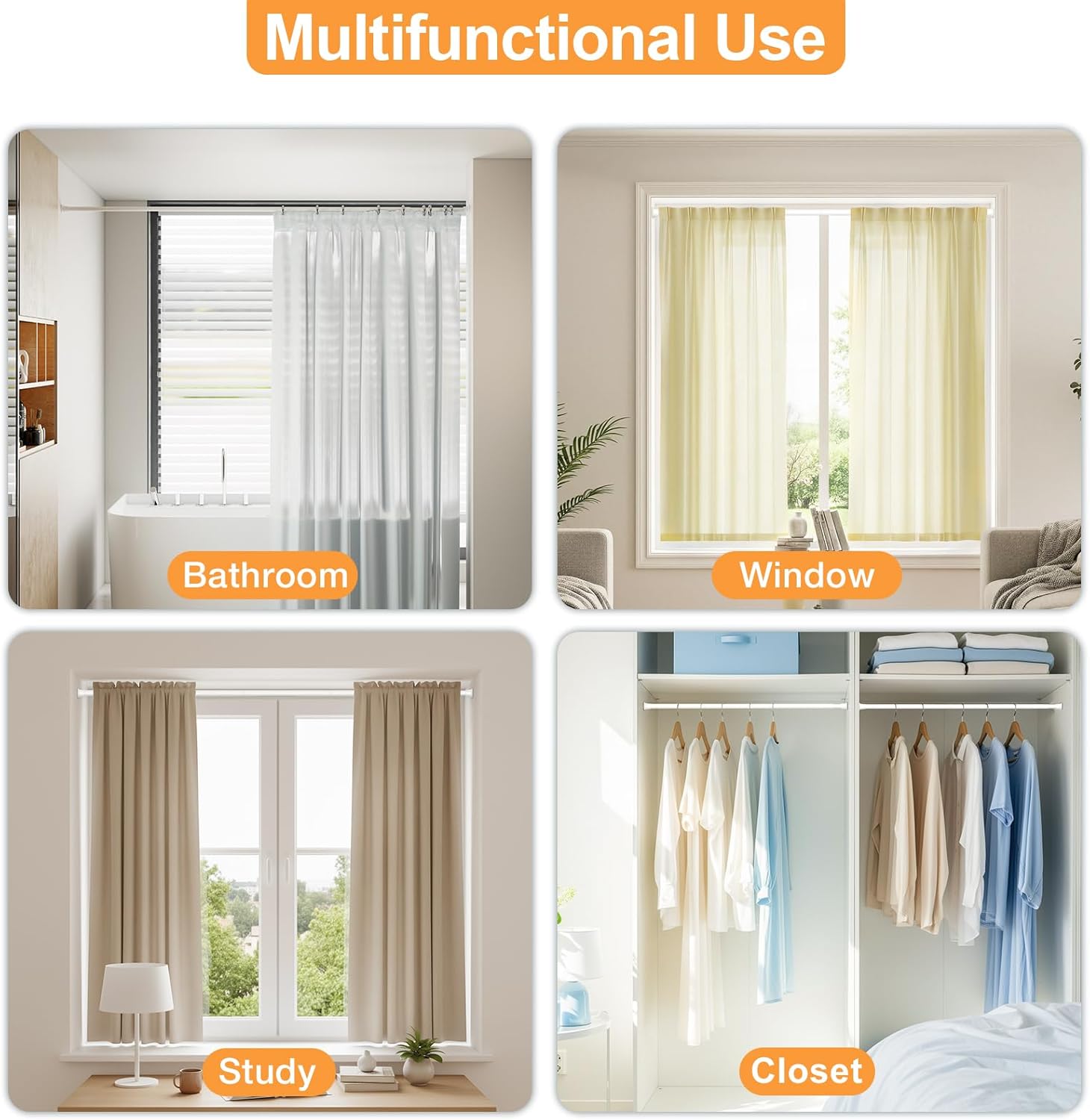 2 Pack Tension Curtain Rod 30-62 Inch White Shower Curtain Rods No Drilling Tension Rod for Windows Spring Adjustable Curtain Rods for Windows,Doorway,Bathroom,Closet,7/8" Diameter