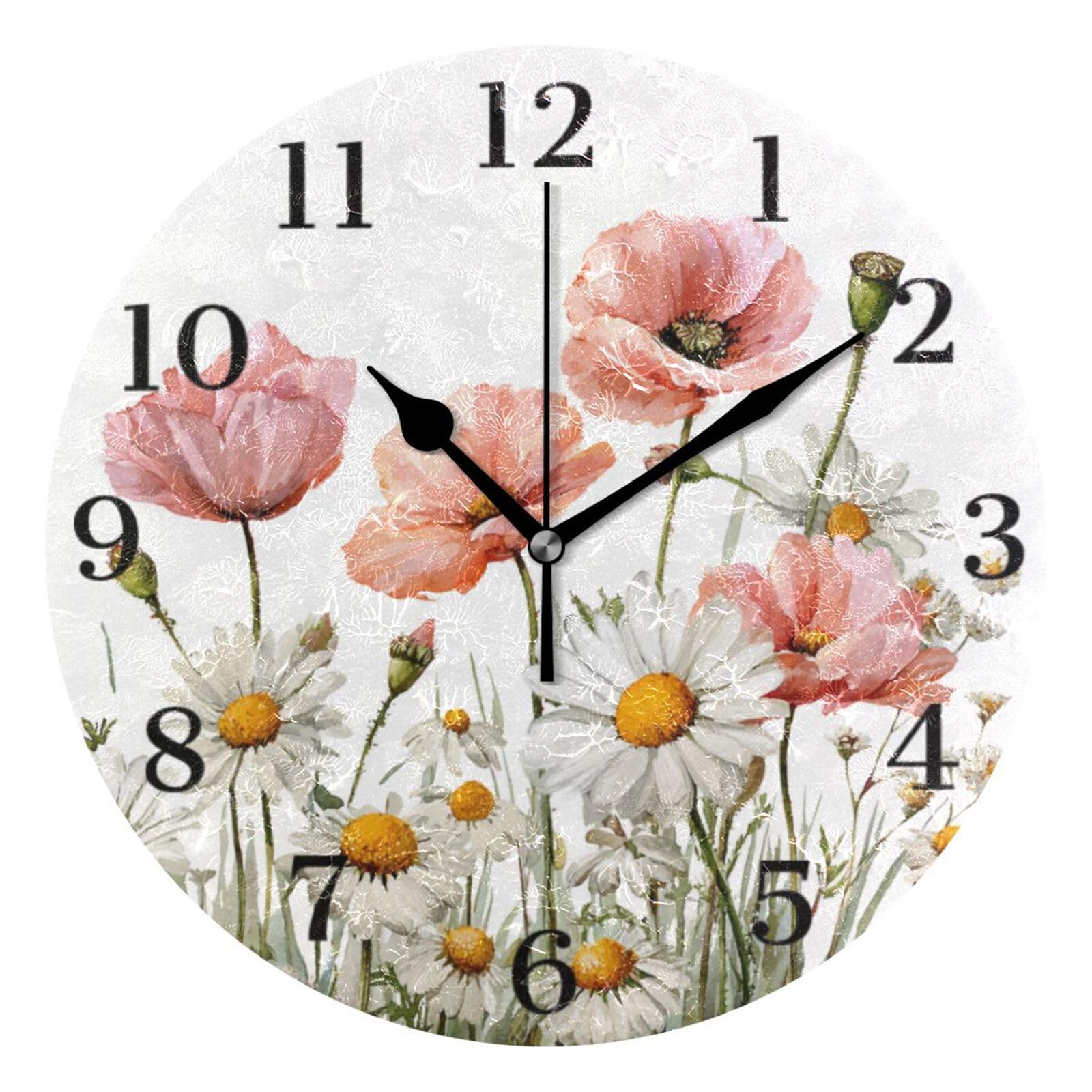 Ensound Pink Wildflowers Daisy Wall Clock Silent Non-Ticking Battery Operated Clocks 12 Inch for Kitchen Home Living Room