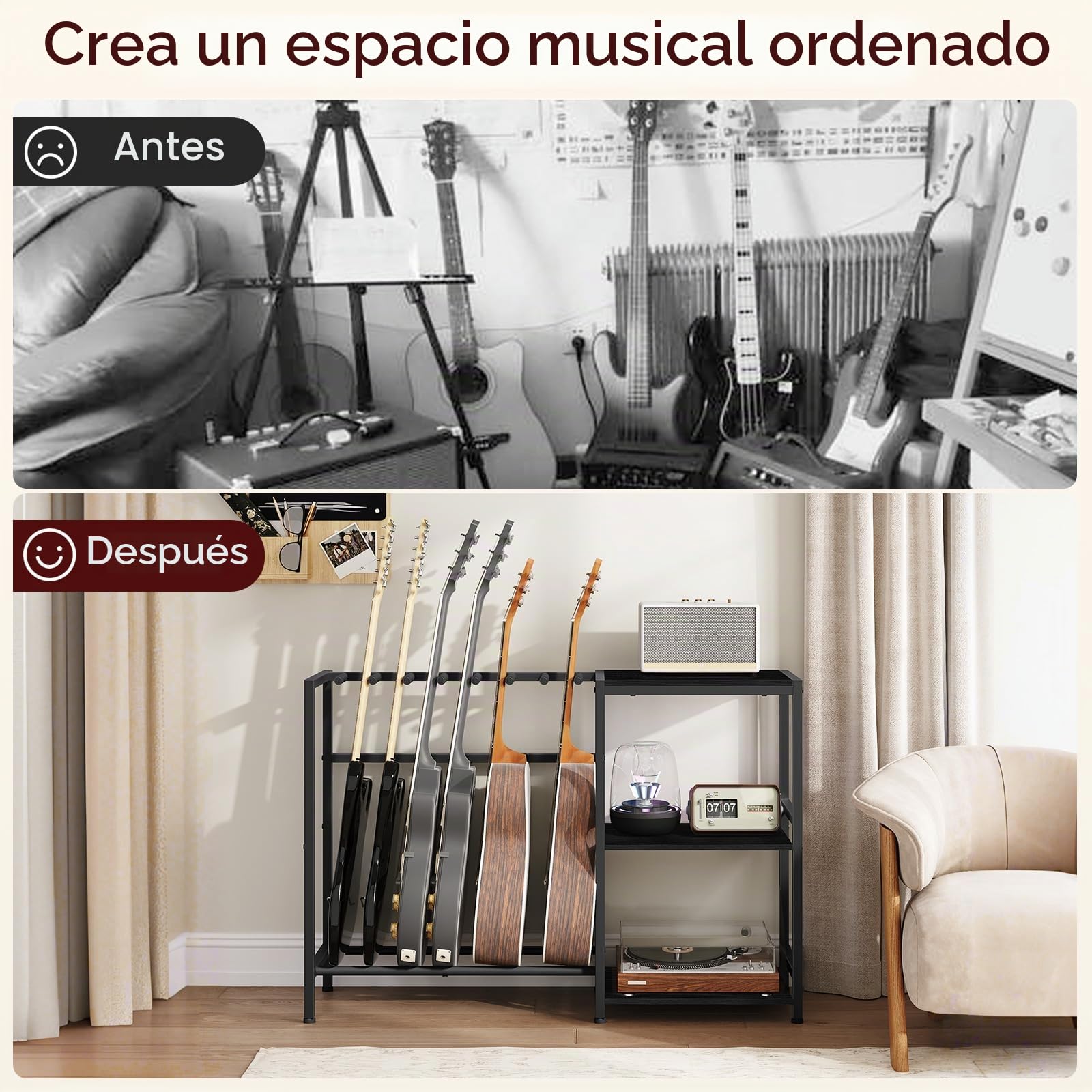 MAHANCRIS AGSBK9701 - Soporte de guitarra para instrumentos de 5 a 6 cuerdas, apto para guitarra acústica, bajo, soporte para guitarra con estantes para tocadiscos, con almohadillas de goma