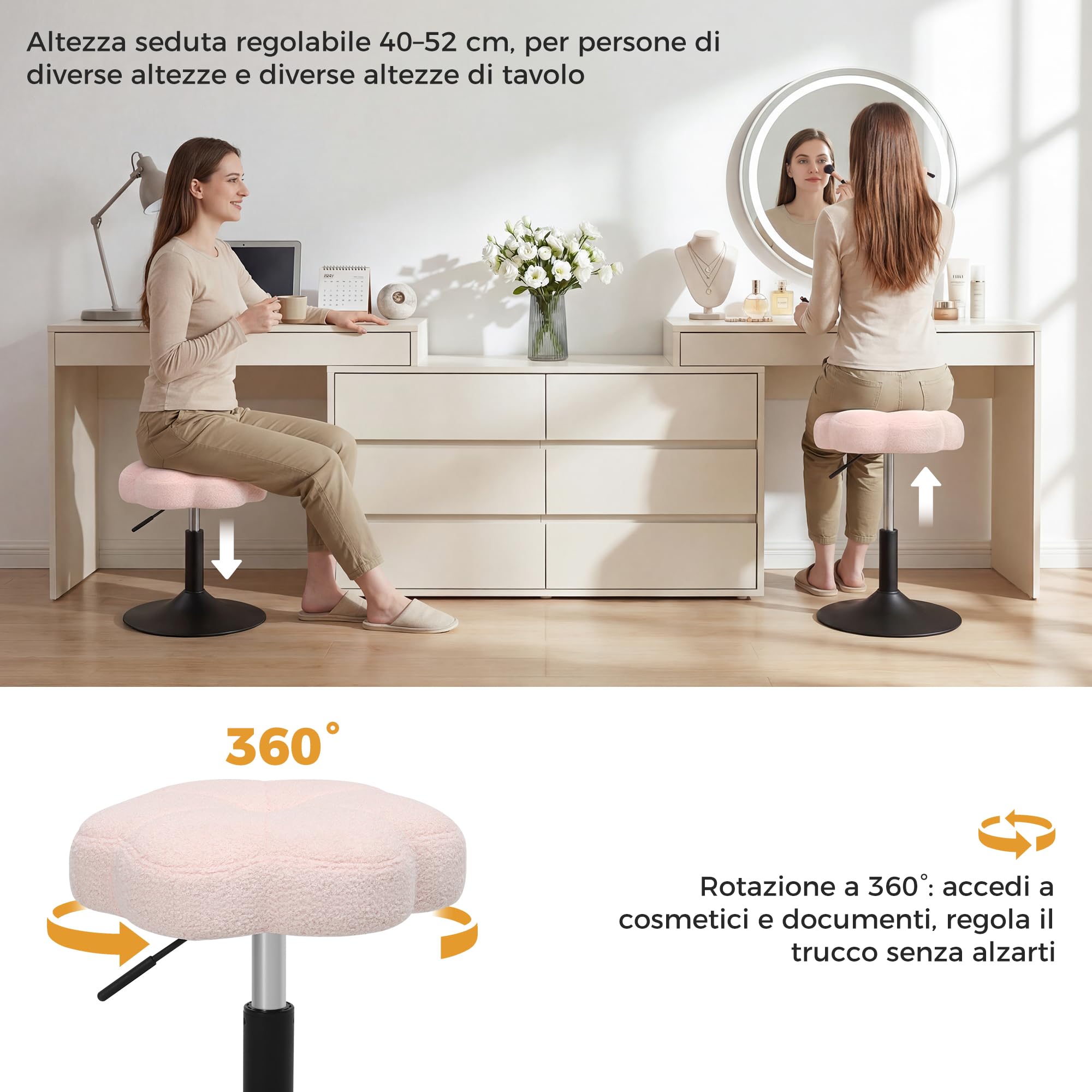 ELUCHANG Sgabello per Toeletta Trucco a Forma Di Petalo, Sedia Trucco Per Camera Da Letto, Sedia Camera da Letto - Regolabile In Altezza 40-52cm, Girevole a 360°, Traspirante Tessuto Sherpa Rosa