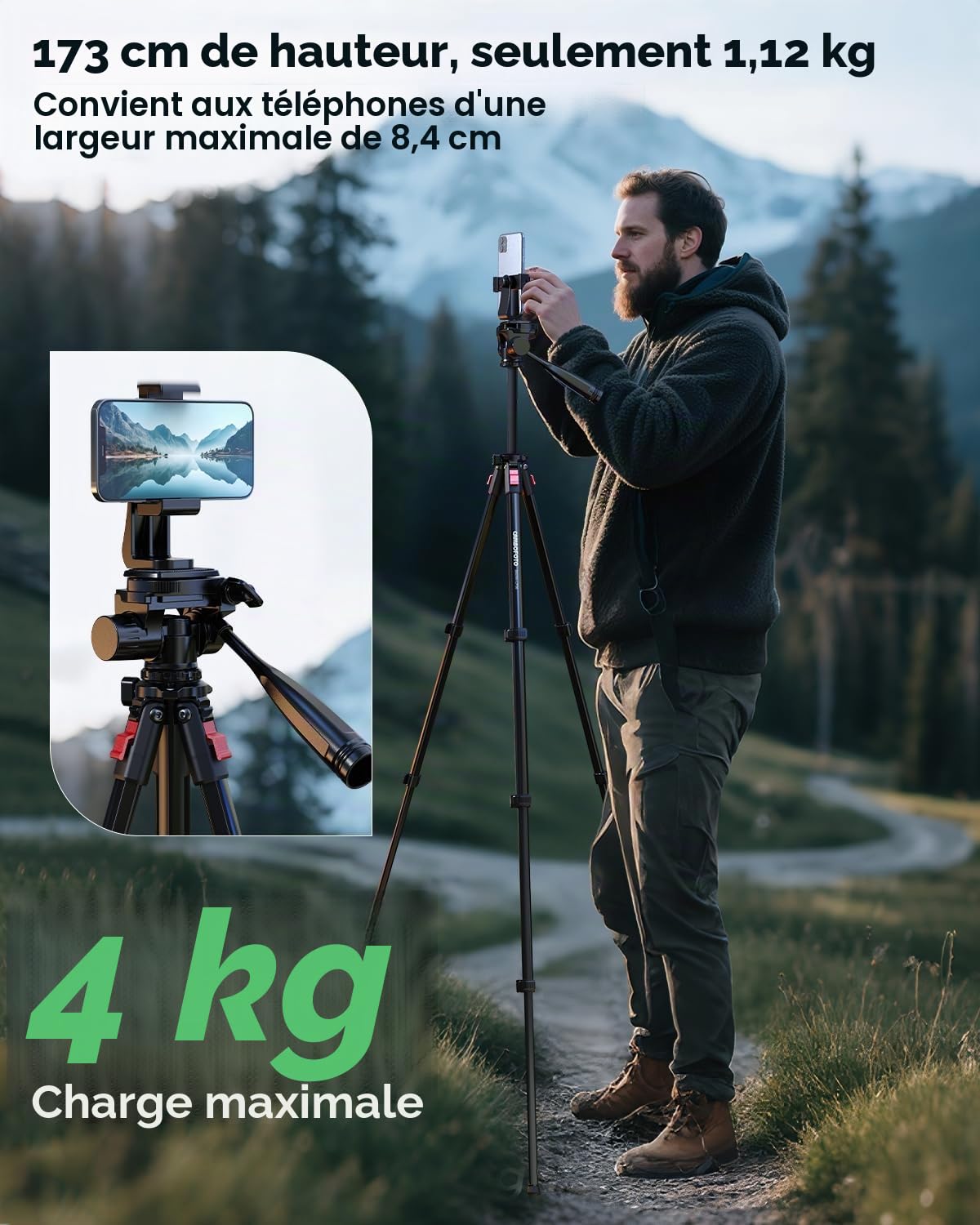 CAMBOFOTO Trépied Appareil Photo Reflex 173cm avec Tête 3D, Léger 1,12 kg | Trépied caméra et smartphone en aluminium, charge 4 kg, plaque rapide 1/4, plié 53 cm, crochet de stabilité, pour voyage