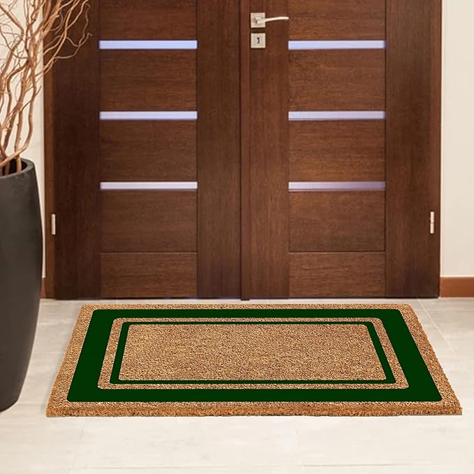 Onlymat Heavy-Duty Coir Doormat for Indoor and Covered Entrances, Weather Resistant with Anti Skid Vinyl Backing, Brown Decorative Entryway Rug with Green Borders, 90cm x 50cm