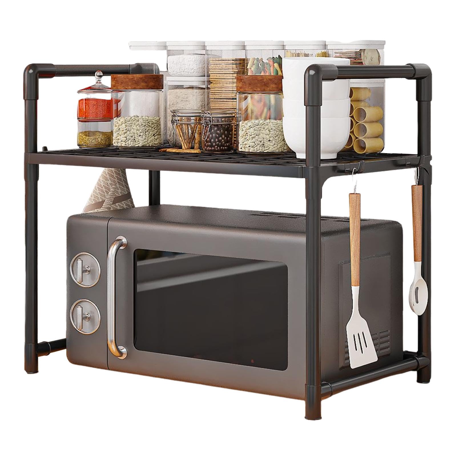 Estante para horno microondas, estante para microondas, estantes de cocina, organizador de encimera, soporte ajustable para microondas con ganchos, estante de almacenamiento de cocina para el hogar y