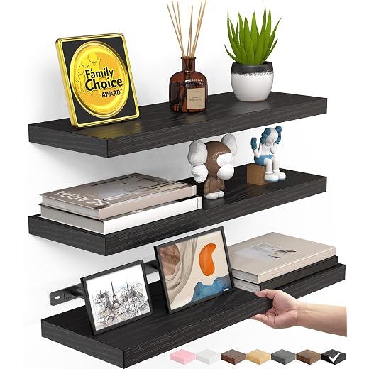 BAYKA Floating Shelves for Wall, Wall Mounted Rustic Wood Shelves for Bathroom, Bedroom, Living Room, Kitchen, Hanging Shelf for Books/Storage/Room Decor with 22lbs Capacity (Black, Set of 3, 15.7in)