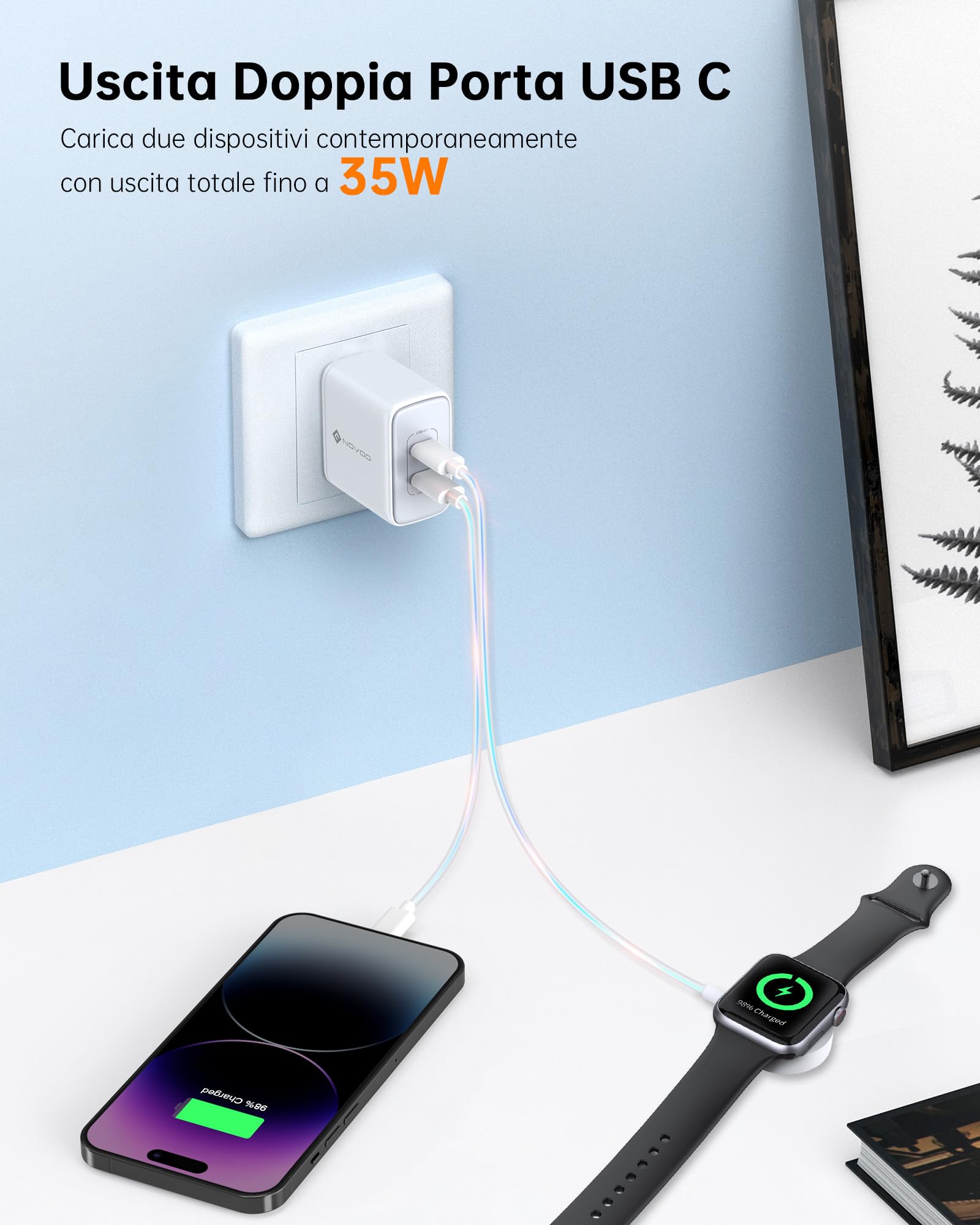 NOVOO 35W Caricatore USB C 2 Porte GaN III Caricabatteria Rapido Compatto da Parete per MacBook Air, iPad Pro, Pixel, iPhone 14-8, Galaxy, Samsung S10/S20/S22+