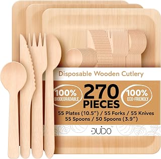 Disposable Biodegradable Plates and Wooden Cutlery - (Pack of 270) 55 10.5-inch Compostable Plates 55 Forks 55 Knives 55 Spoons 50 Small Spoons Eco-Friendly Disposable Silverware Compostable Flatware