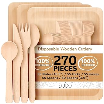 Disposable Biodegradable Plates and Wooden Cutlery - Pack of 270 55 10.5-inch Compostable Plates 55 Forks 55 Knives 55 Spoons 50 Small Spoons Eco-Friendly Disposable Silverware Compostable Flatware