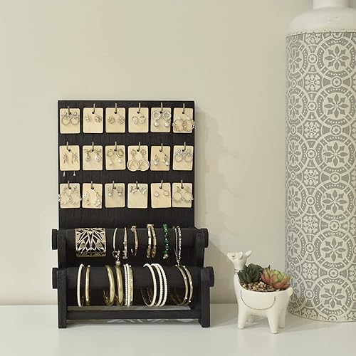 Miniatura 7 de Ikee Design Soporte de exhibición de madera de alta calidad para joyas con 18 ganchos y soportes extraíbles, elegante organizador de aretes y