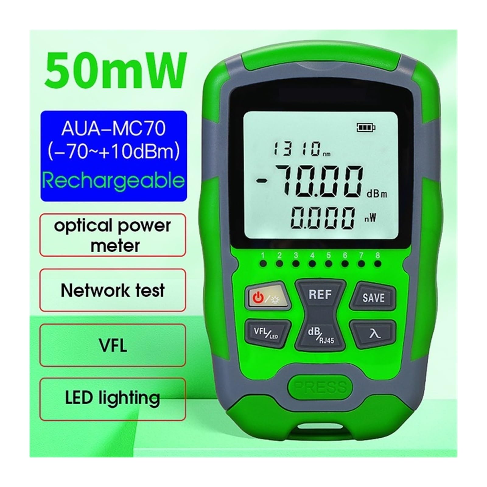 Tester per cavi in ​​fibra, Tester for cavi di rete in fibra | Con multifunzione 4 in 1, misuratore di potenza ottica AUA MC70 -70~+10dBm, localizzatore visivo di guasti, 1-50MW VFL FTTH.