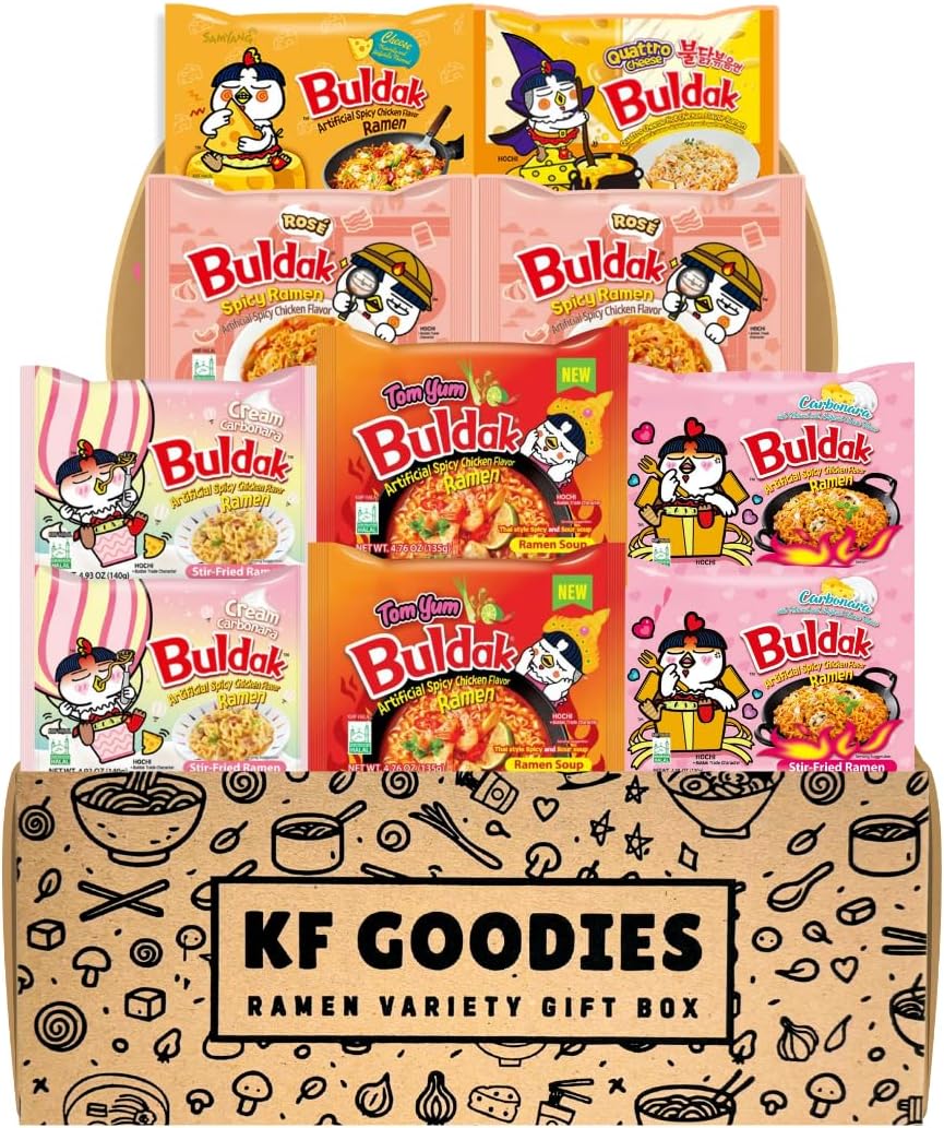 KF GOODIES Korean Ramen Variety Pack Gift Box (10 Count) – Spicy Buldak Noodle Assortment for Birthdays, College Care Packages, Office Snacks, and Gift Baskets