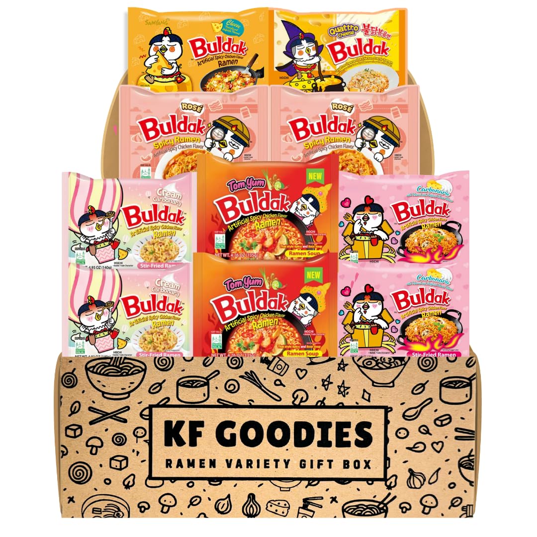 KF GOODIES Korean Ramen Variety Pack Gift Box (10 Count) – Spicy Buldak Noodle Assortment for Birthdays, College Care Packages, Office Snacks, and Gift Baskets