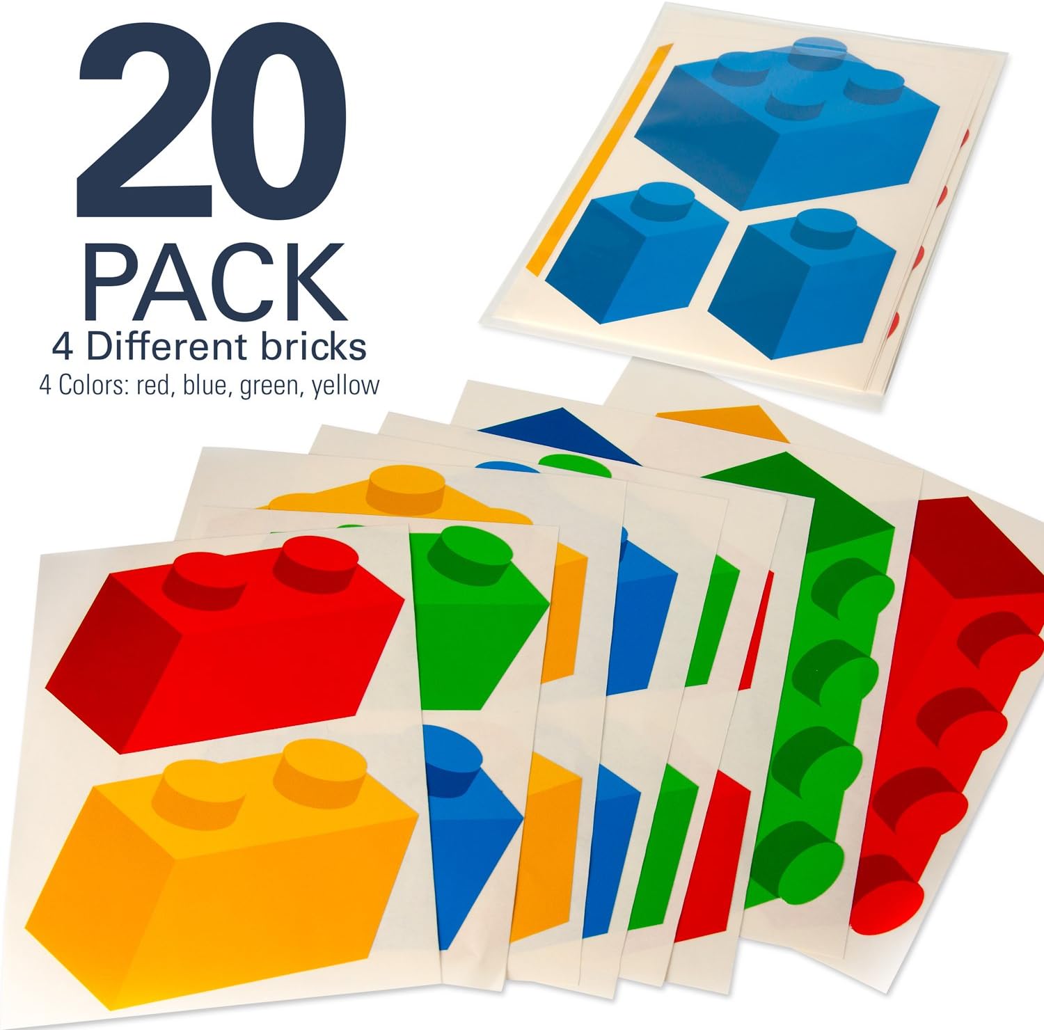 20 Brick Builders Blocks Wall Decal Stickers Pack, Set of 20 Blocks in 4 Colors - 7 mil Fabric Decal - Remove, Re-use, Reapply (Medium 20 Pack, Boy)