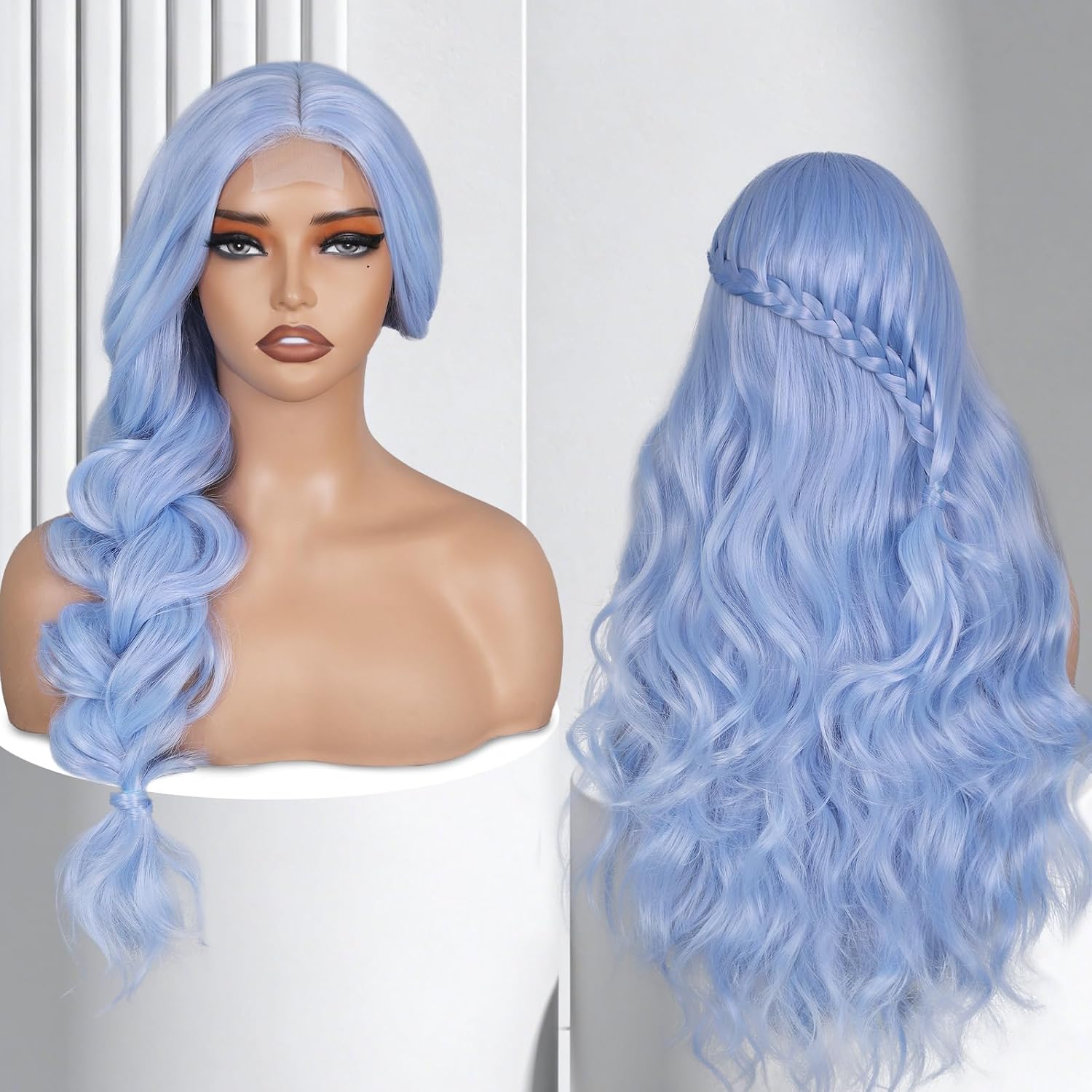 FAVE 26 Inches Light Blue Wig Long Wavy Blue Wig for Women Synthetic Blue Wig with 3D Full Wave Heat-Resistant Fiber Fashion Color for Cosplay&Daily Use（Mermaid Color）