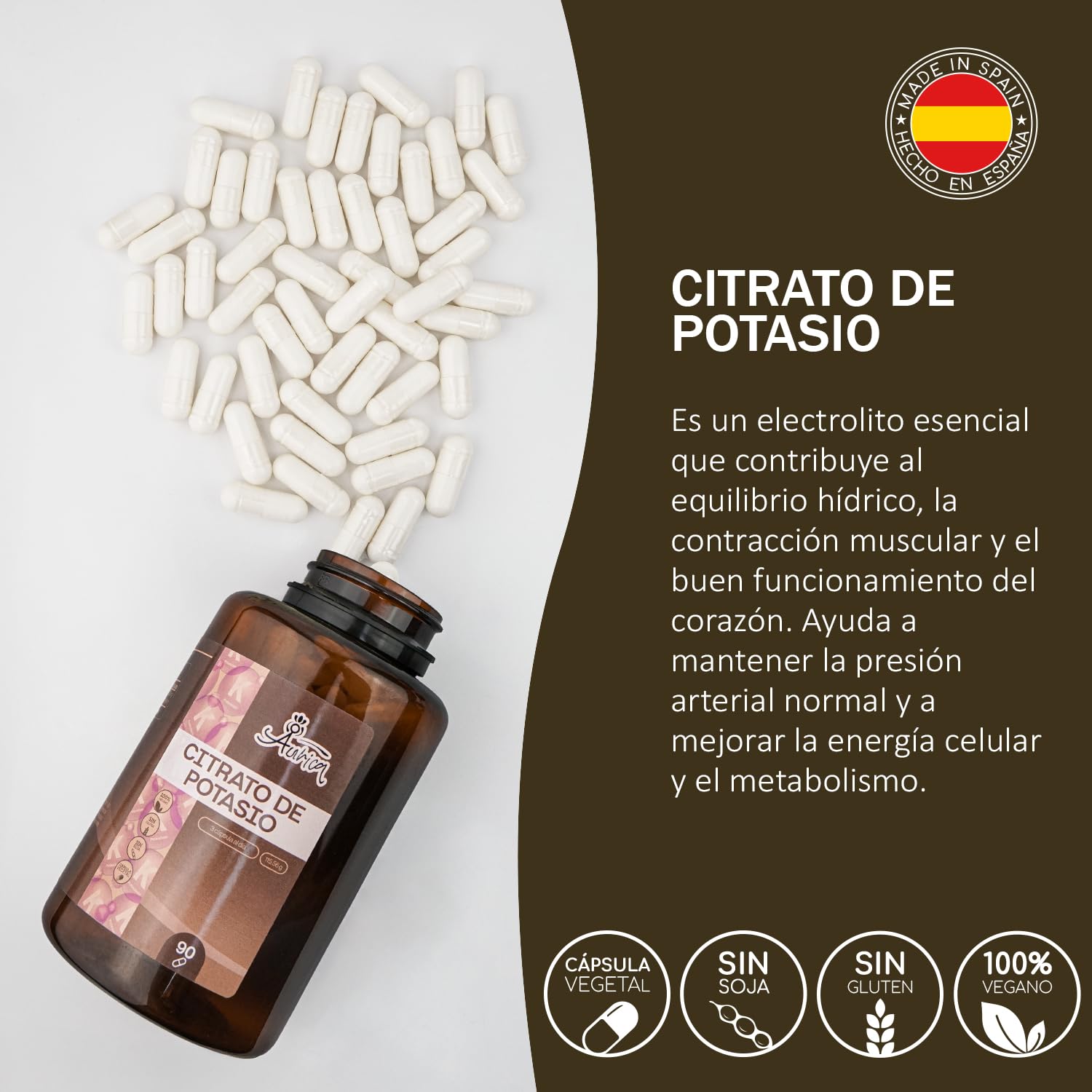 Aurica Citrato de Potasio 3000 mg - 1080 mg (54% VRN) por Dosis - Citrato de Potasio Cápsulas para el Funcionamiento Muscular y Equilibrio Electrolítico - 120 Cápsulas Veganas
