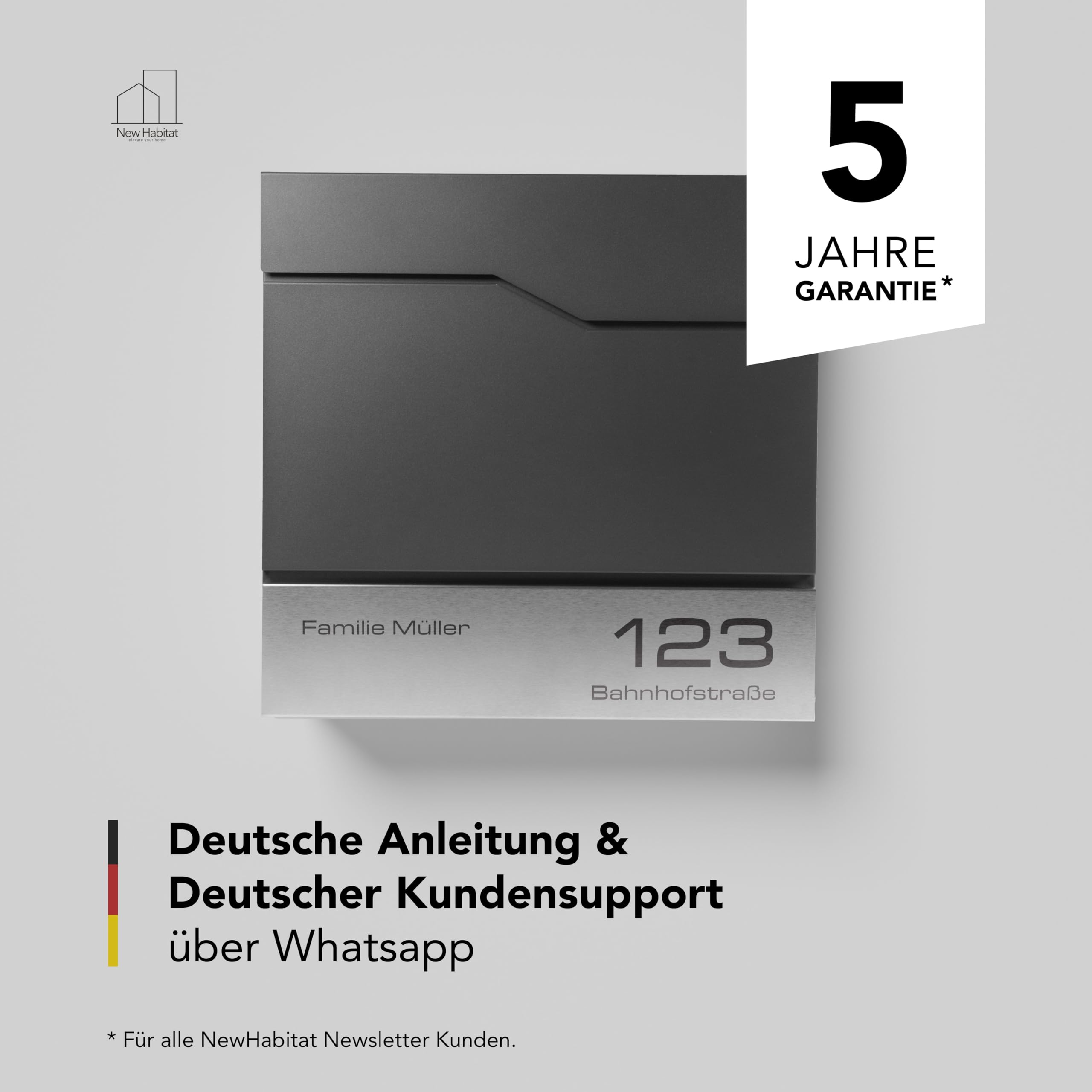 Moderner Briefkasten Personalisierbar Tokio Anthrazit RAL7016 - mit Zeitungsfach - Wandbriefkasten mit Edelstahl Namensschild und Hausnummer Gravur I Rostfrei und UV-beständig (Mit Gravur)