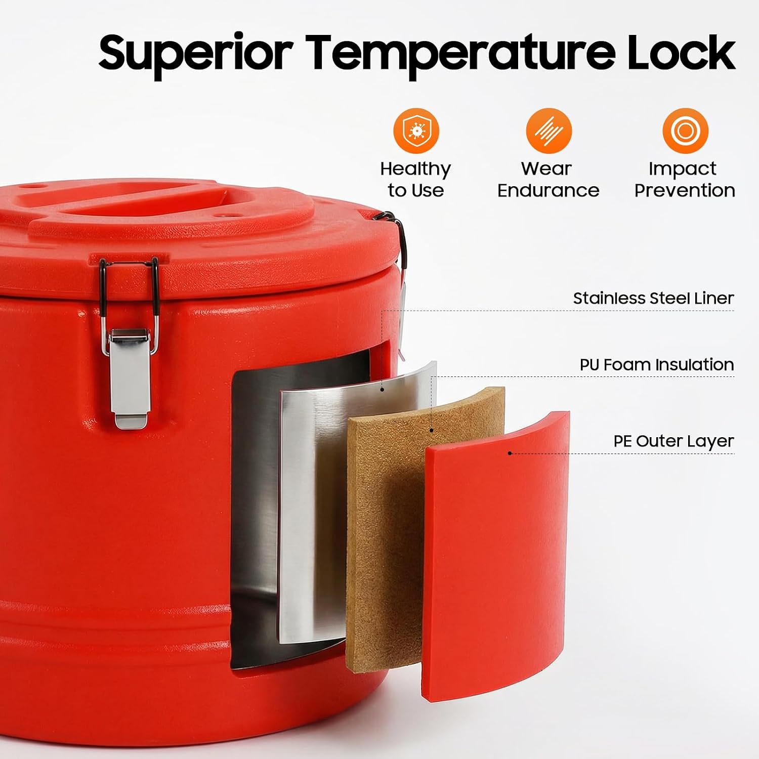31.7Qt Insulated Soup Container, Commercial Food Warmer for Hot and Cold, Food Thermos with 4 Buckles and Handles for Parties Camping Restaurant Events, Red