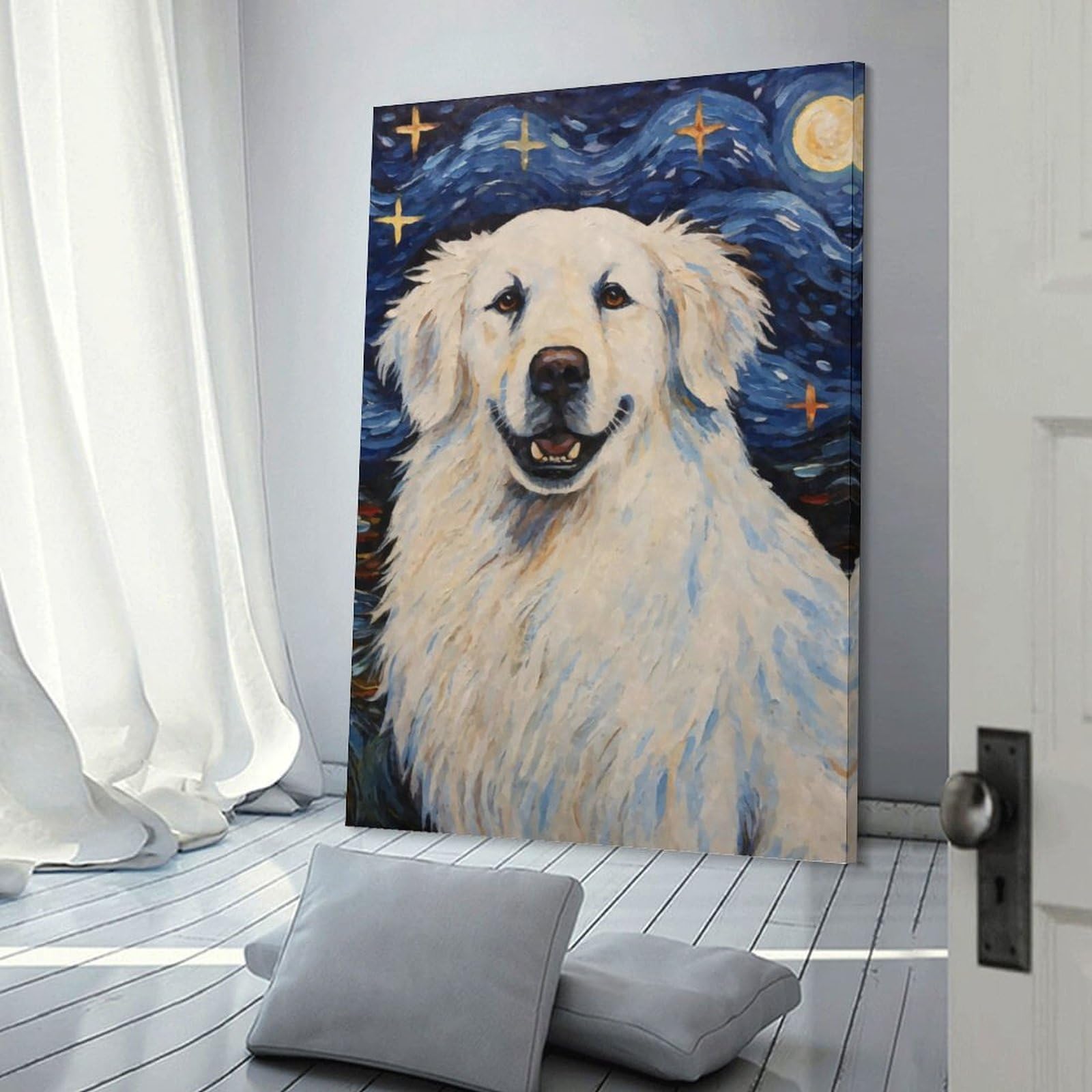 Junmoney Starry Night Dog Art Print-1 Wall Art Print 16x24inch(40x60cm), for Lounge, Study, Hallway Or Flat Walls, Decorative Artwork with Broad Appeal