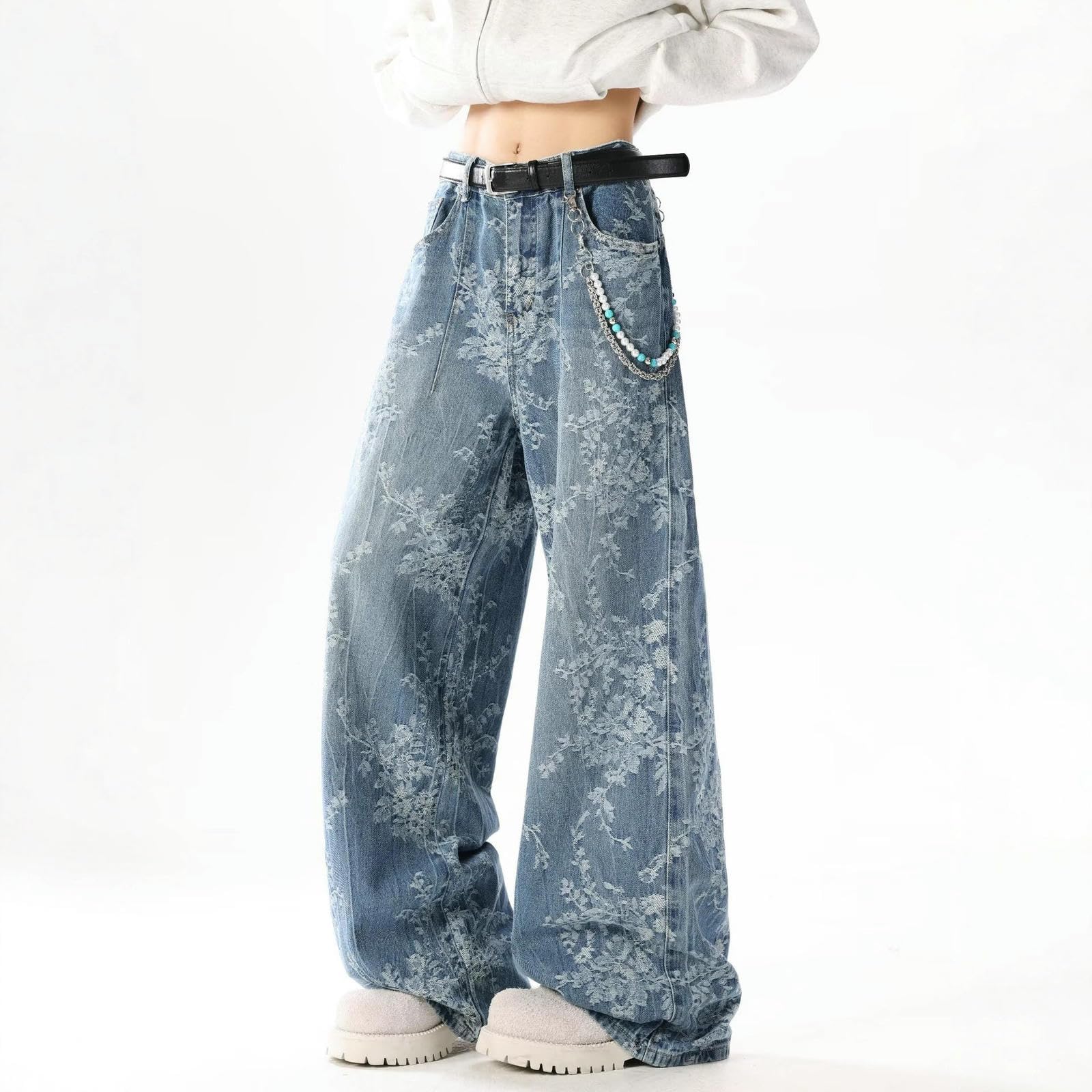 Dżinsy damskie z wysokim stanem, nadruk vintage, casualowe jeansy o prostym kroju, styl vintage