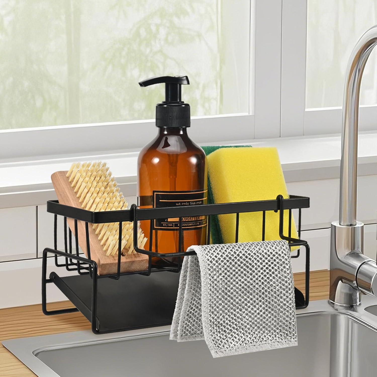 Sink Storage Rack, Kitchen Organiser, Stainless Steel Storage Box with Drip Tray, Suitable for Storing Sponges, Towels and Tea Towels (Black)