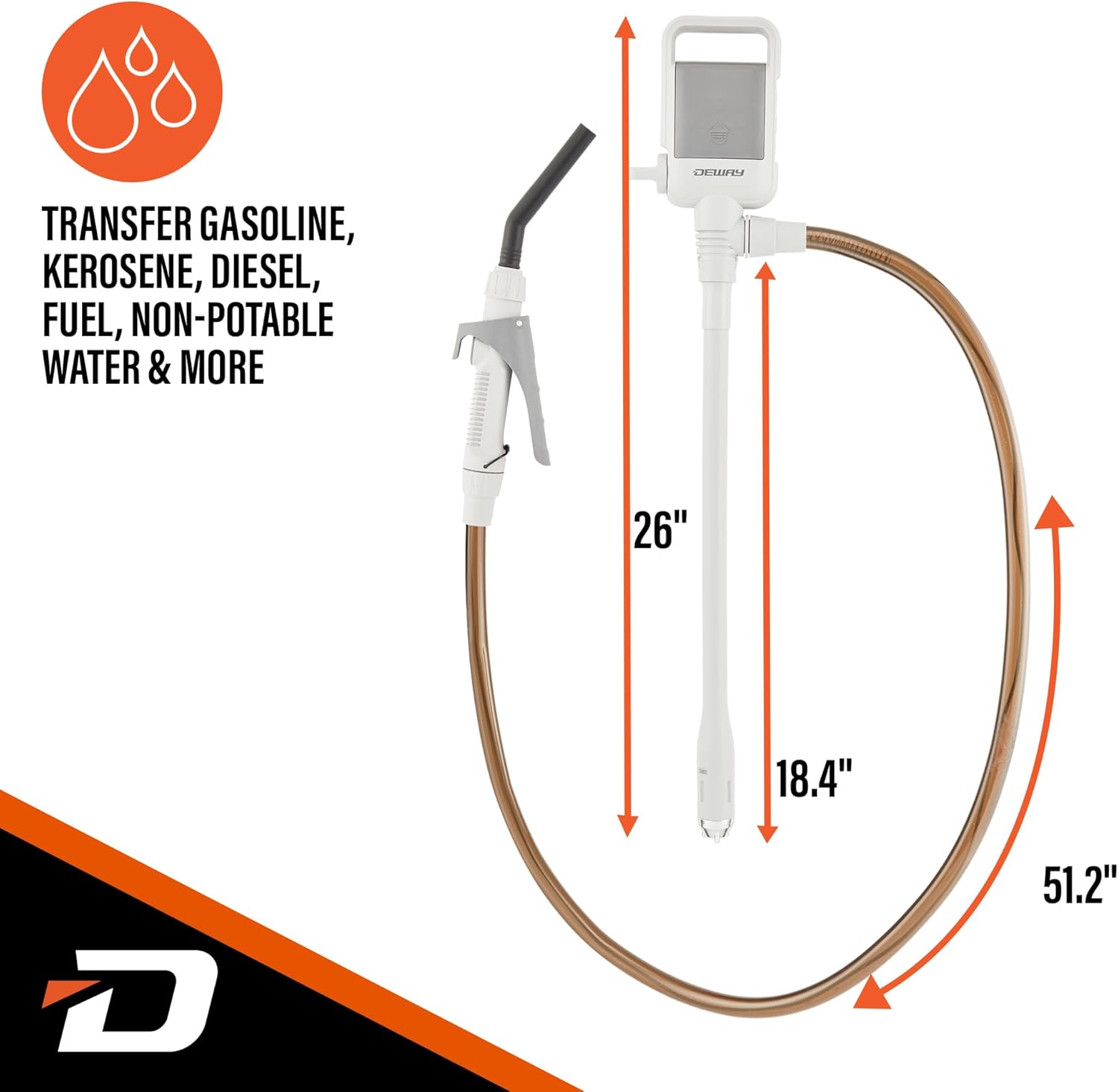 Deway Automatic Fuel Transfer Stick Pump with Hand Trigger & 59" PVC Hose - 2.6 GPM Battery Powered Gas Pump for Gasoline, Diesel, DEF, Agricultural Chemicals, Generators, Lawn Equipment