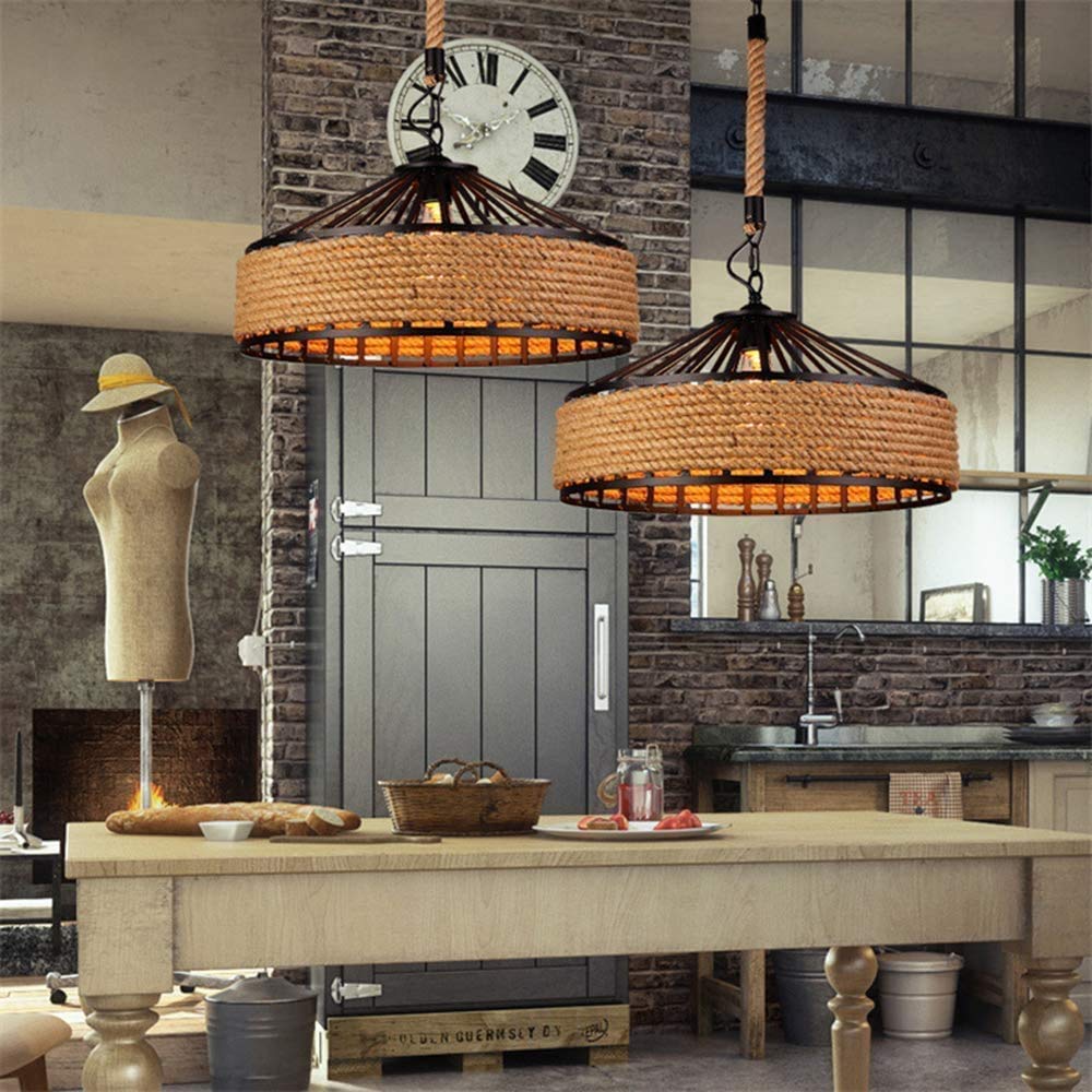 Lustre Pendentif Industriel Rétro - 4 Lampes, Corde De Chanvre Et Fer - Réglable En Hauteur, Culot E27 - Pour Salon, Bar, Restaurant