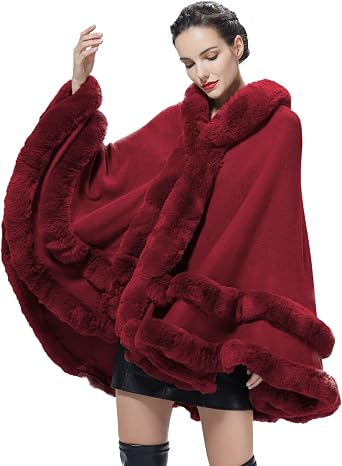 Women Hooded Poncho Cape Faux Fur Shawl Wrap with Fur Trim Sleeveless Cardigan Dressy Cloak Fashion Tops Coat