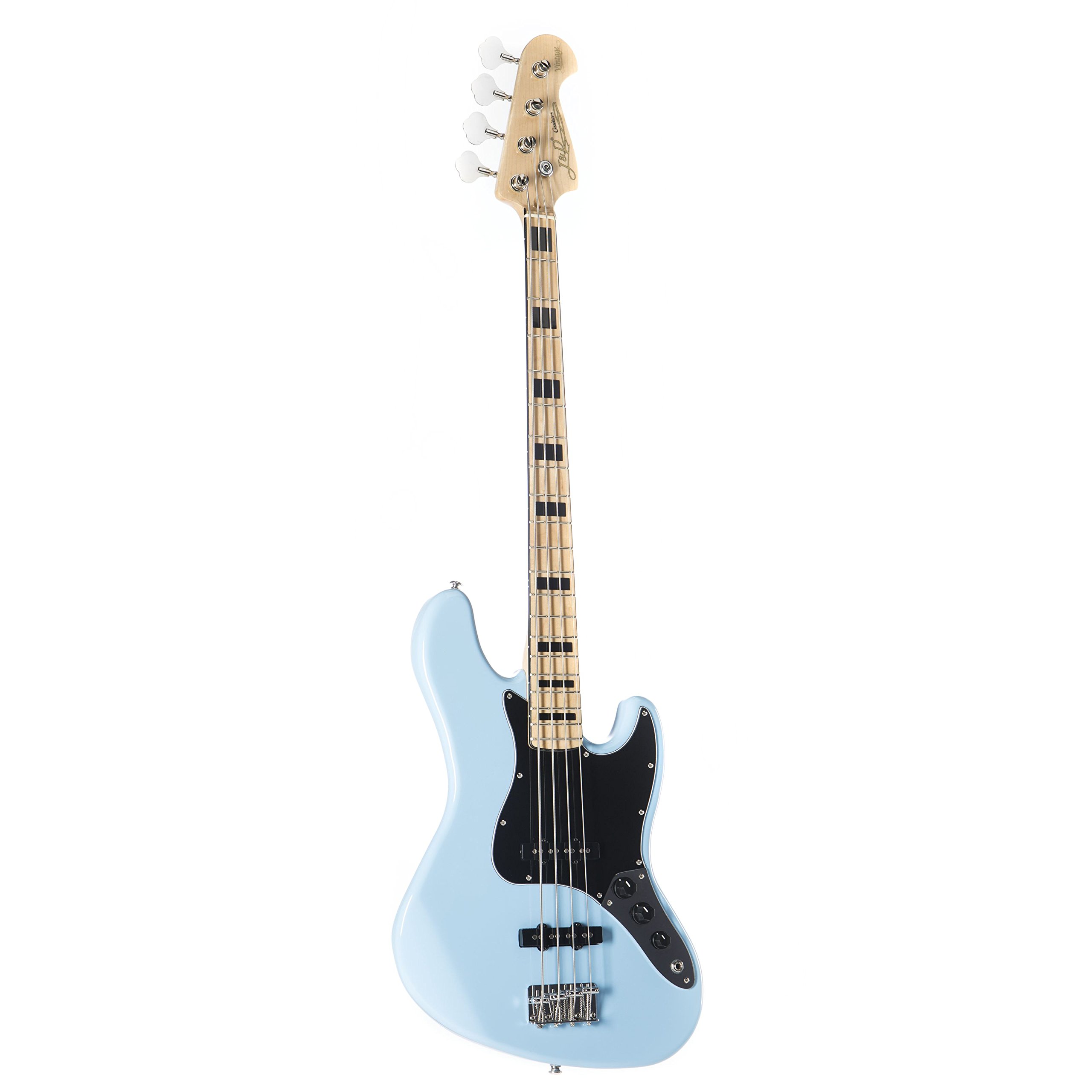 J & D JB Vintage 1975 SKBL Sky Blue 4 Saiter E-Bass mit Single-Coil Pickups, passiver Elektronik, Vintage-Style Hardware