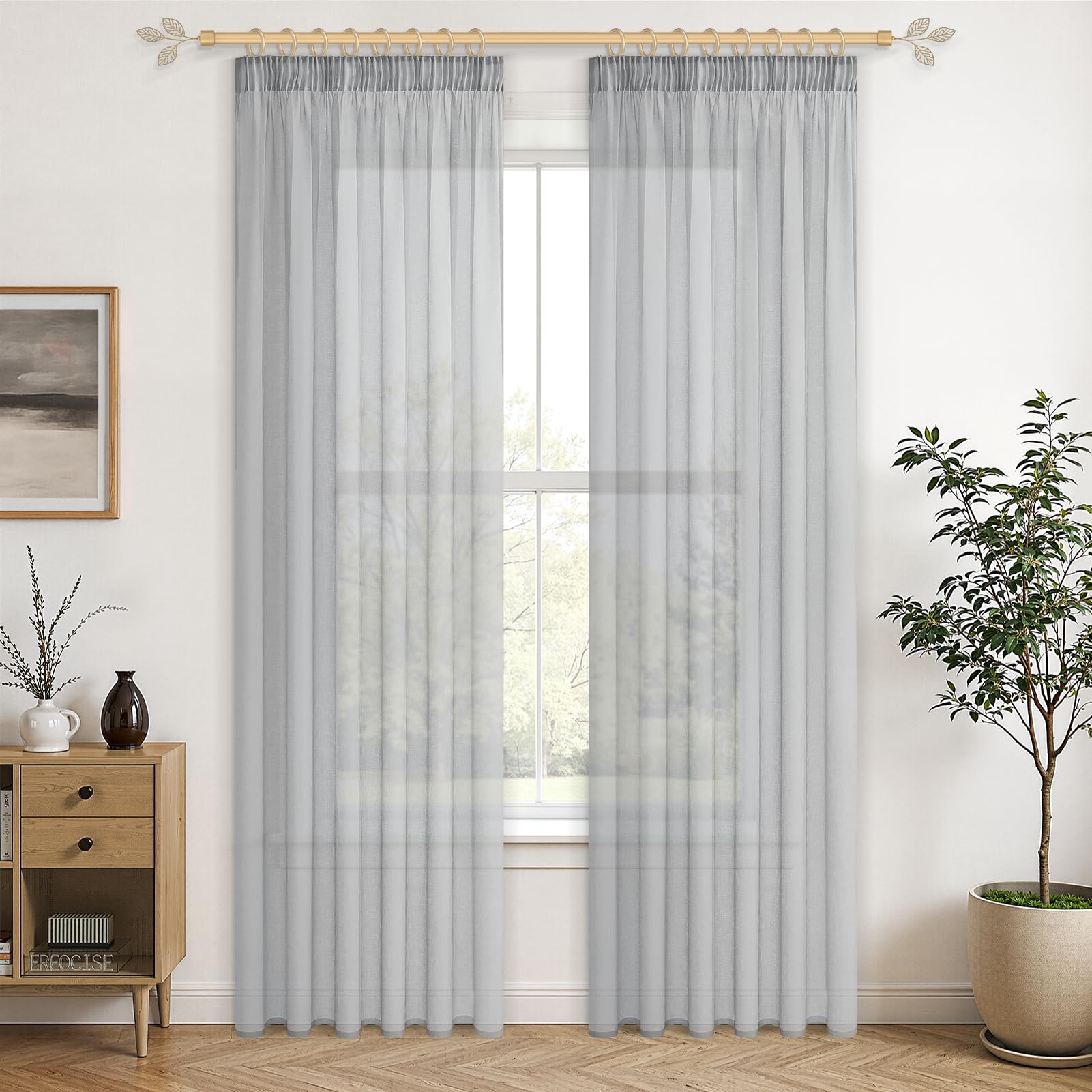 CUTEWIND Vorhang für Schiene Gardinen Grau Transparent H 225cm x B 140cm, Vorhänge Grau Halbtransparent Leinenoptik mit Haken für Schlafzimmer, Wohnzimmer und Küche 2er Set