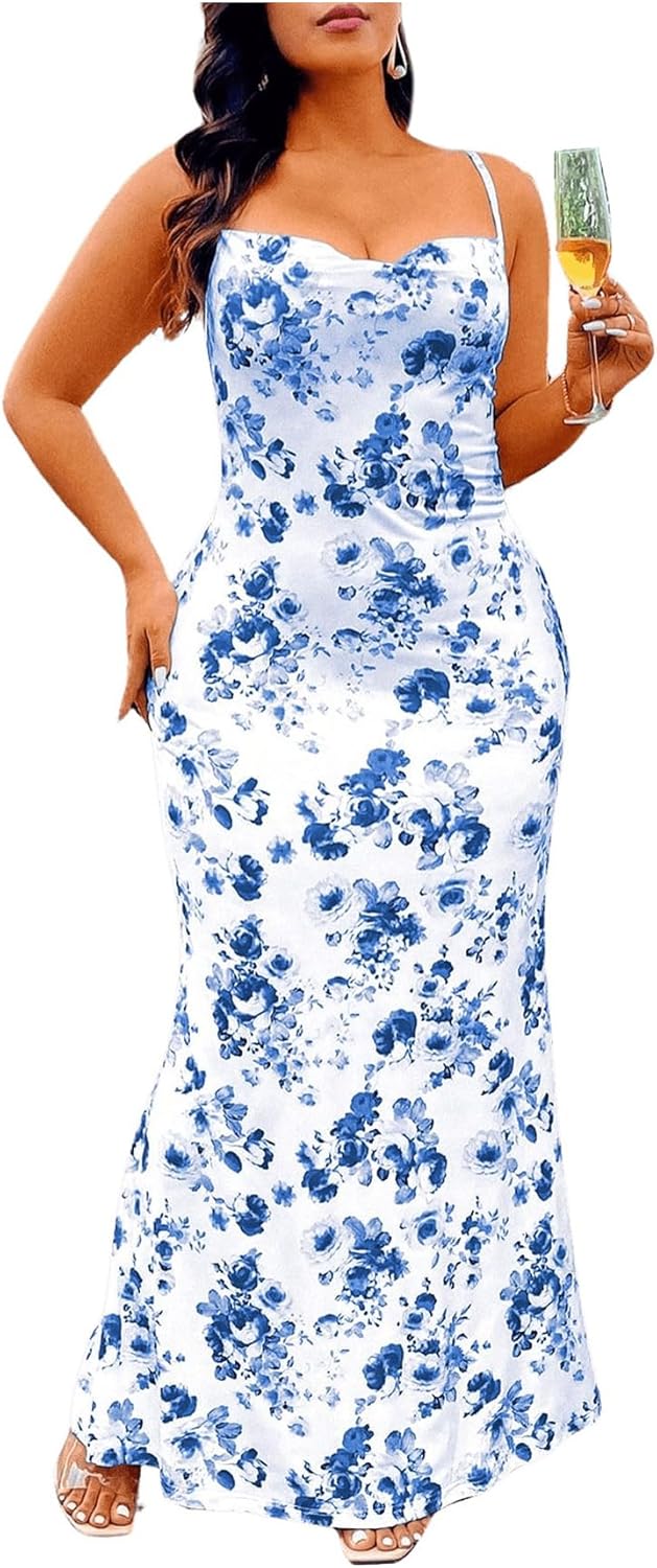 Floerns Women's Plus Size Floral Print Sleeveless Cowl Neck Criss Cross Maxi Cami Dresses