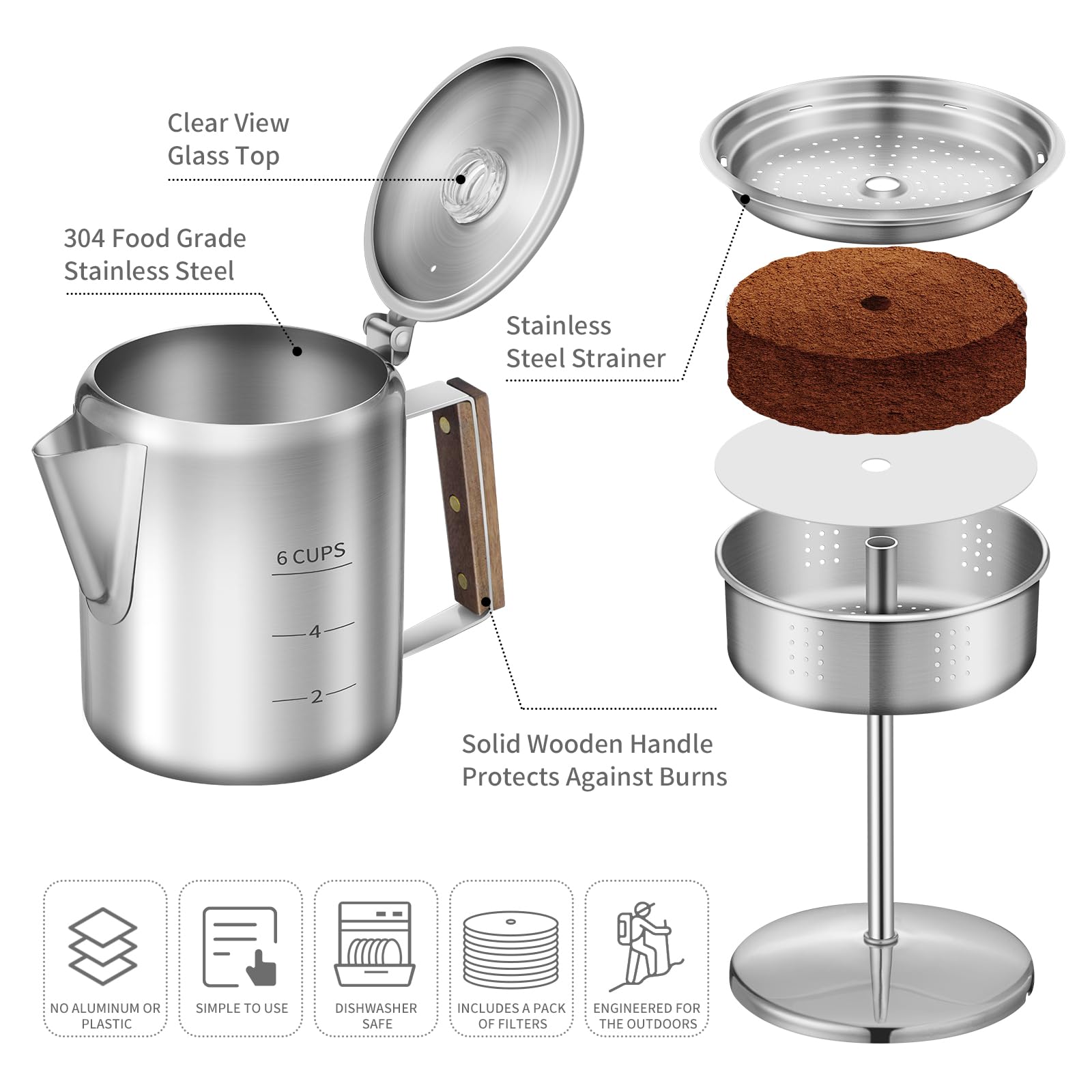 Kaffeeperkolator mit 100 Kaffeefiltern, 6 Tassen, langlebiges Edelstahlmaterial, Camping-Kaffeekanne, Kaffee auf Feuer, Grill oder Herd, ideal für Zuhause, Camping