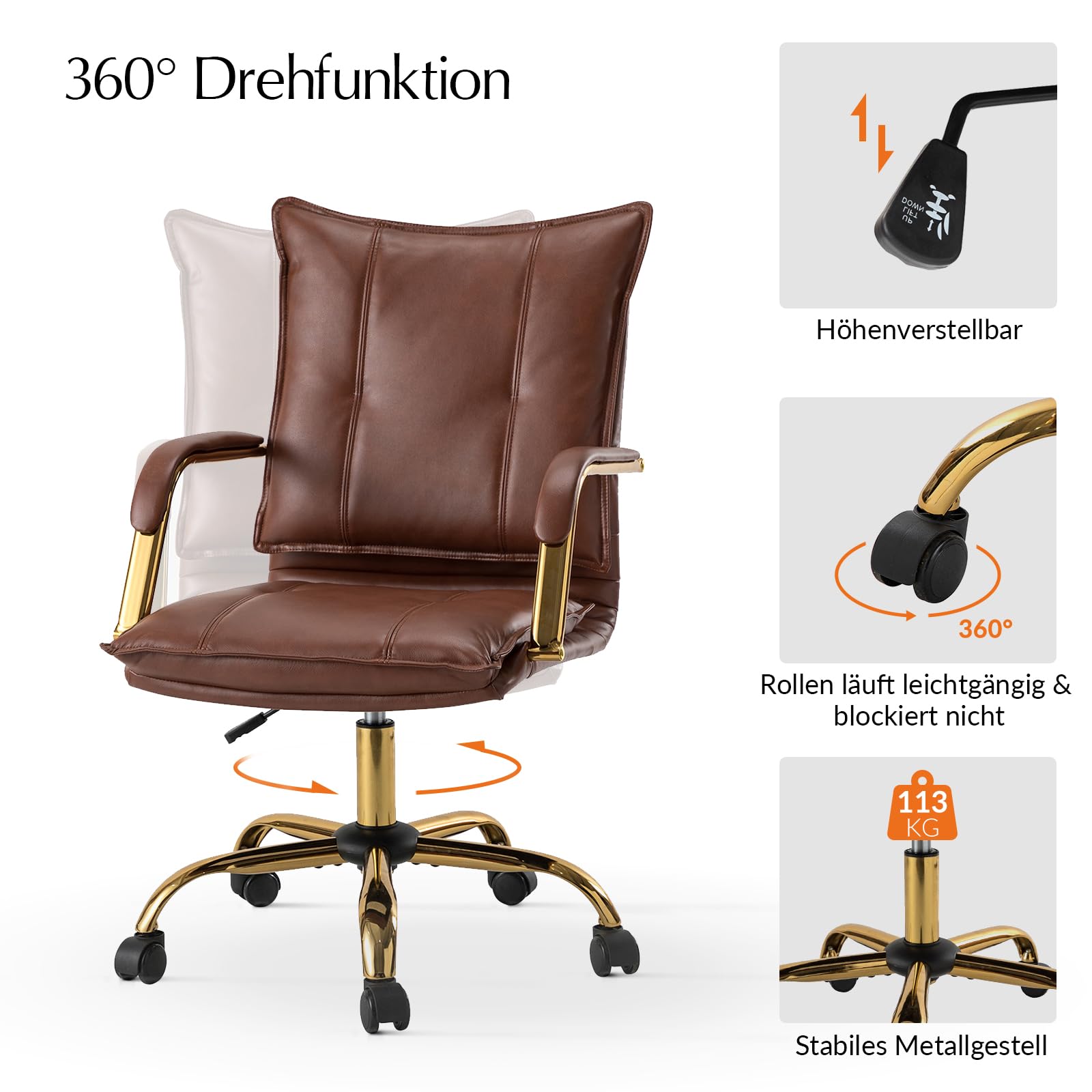 HULALA HOME Moderner Bürostuhl mit Armlehnen höhenverstellbarem Schreibtischstuhl Drehstuhl aus Kunstleder mit 5-Rad-Rolle stabile Metallbasis, Braun