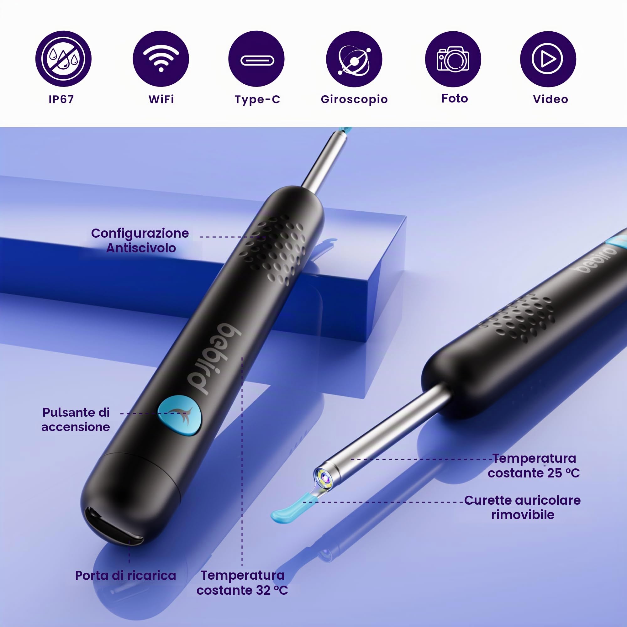 BebirdPro Rimuovi Cerume Otoscopio R1, Pulitore per Orecchie con Fotocamera 1080P HD, Otoscopio con Luce, Otoscopio Grandangolare IP67 Impermeabile per Adulti, Bambini, iOS, Android