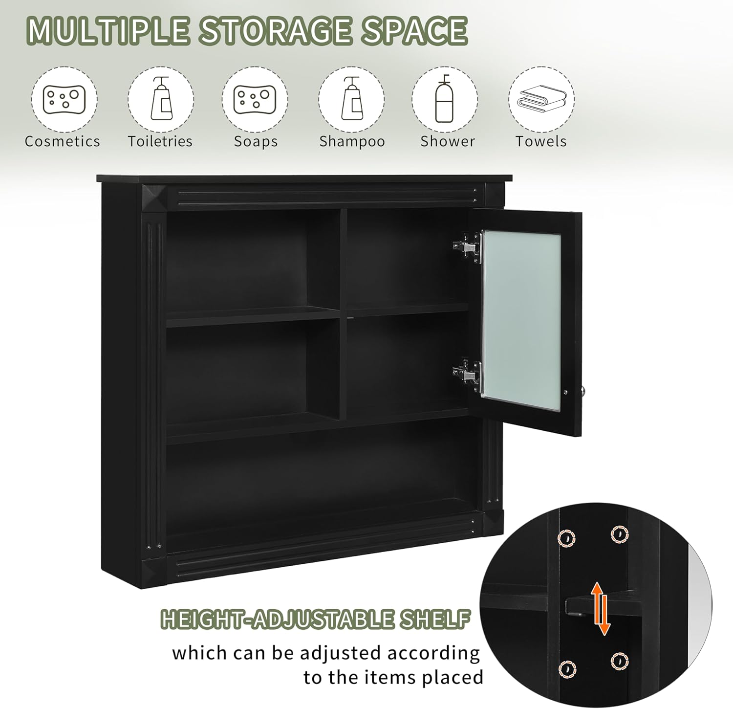 Merax Bathroom Medicine Cabinet with Mirror 32 Inch, Wall Mount Bathroom Storage Cabinet with 4 Shelves, Mirrored Door Over Toilet Storage Cabinet Organizer and Adjustable Shelves, Black
